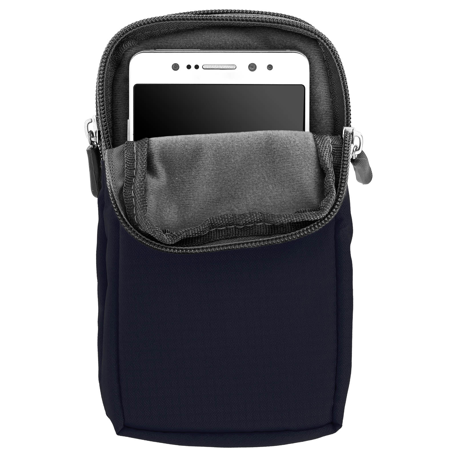 Marineblaue Telefontasche mit einem darin sichtbaren Telefon. Der Reißverschluss ist offen. Weißer Hintergrund.