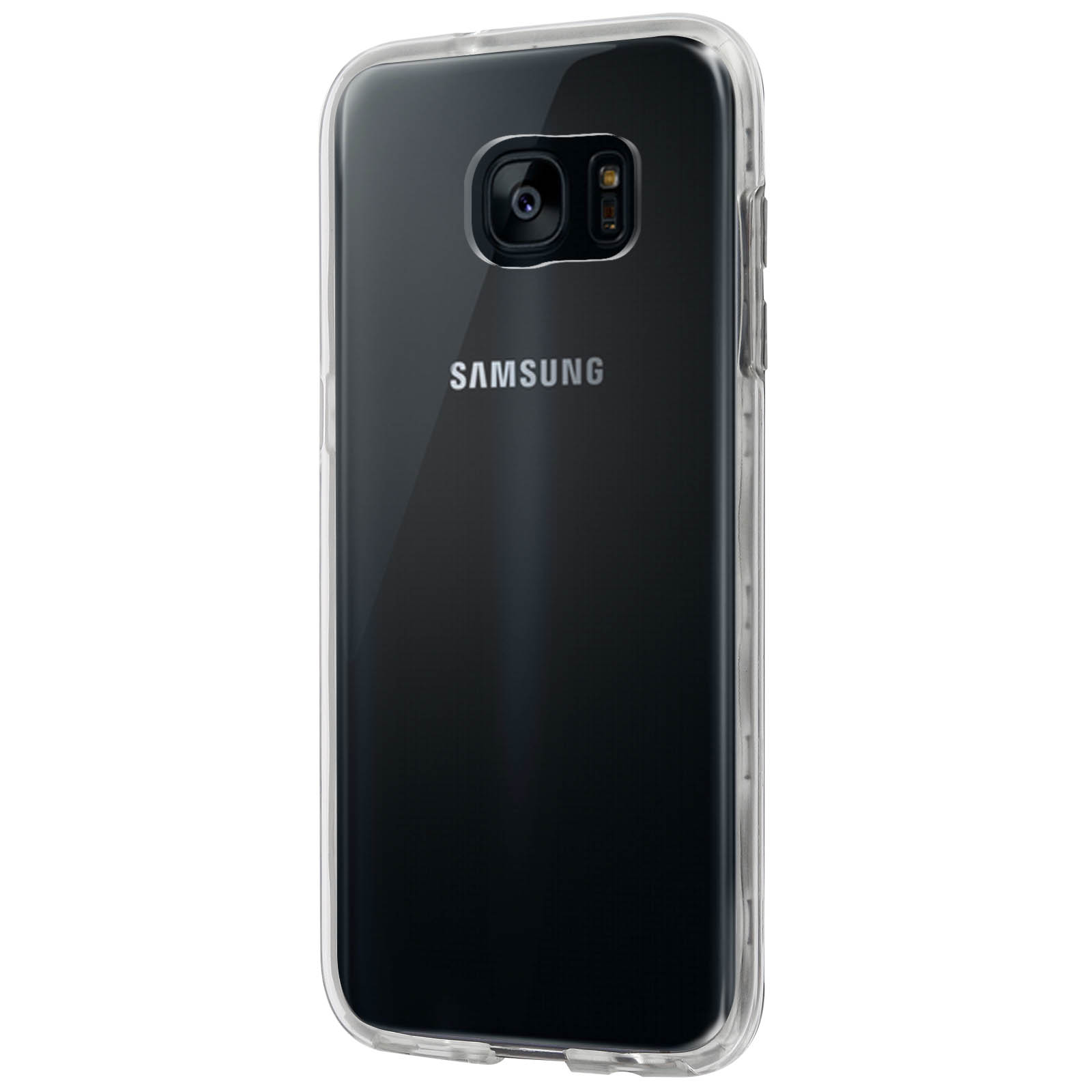 Retro di un telefono Samsung in una custodia protettiva trasparente. Il logo Samsung è visibile.