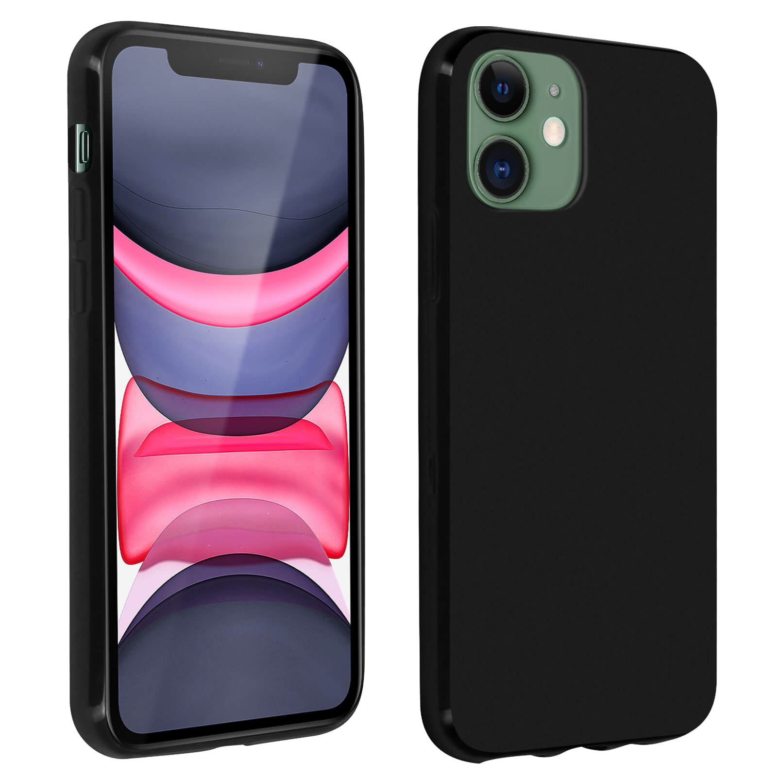 Twee zwarte iPhone 12 hoesjes. Eén hoesje zit op de telefoon, het andere hoesje ernaast.