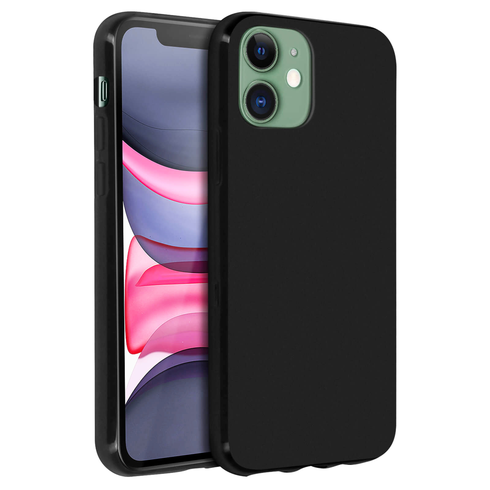 Zwarte telefoonhoes op een telefoon. De telefoon heeft een zwart frame en groene cameralenzen.