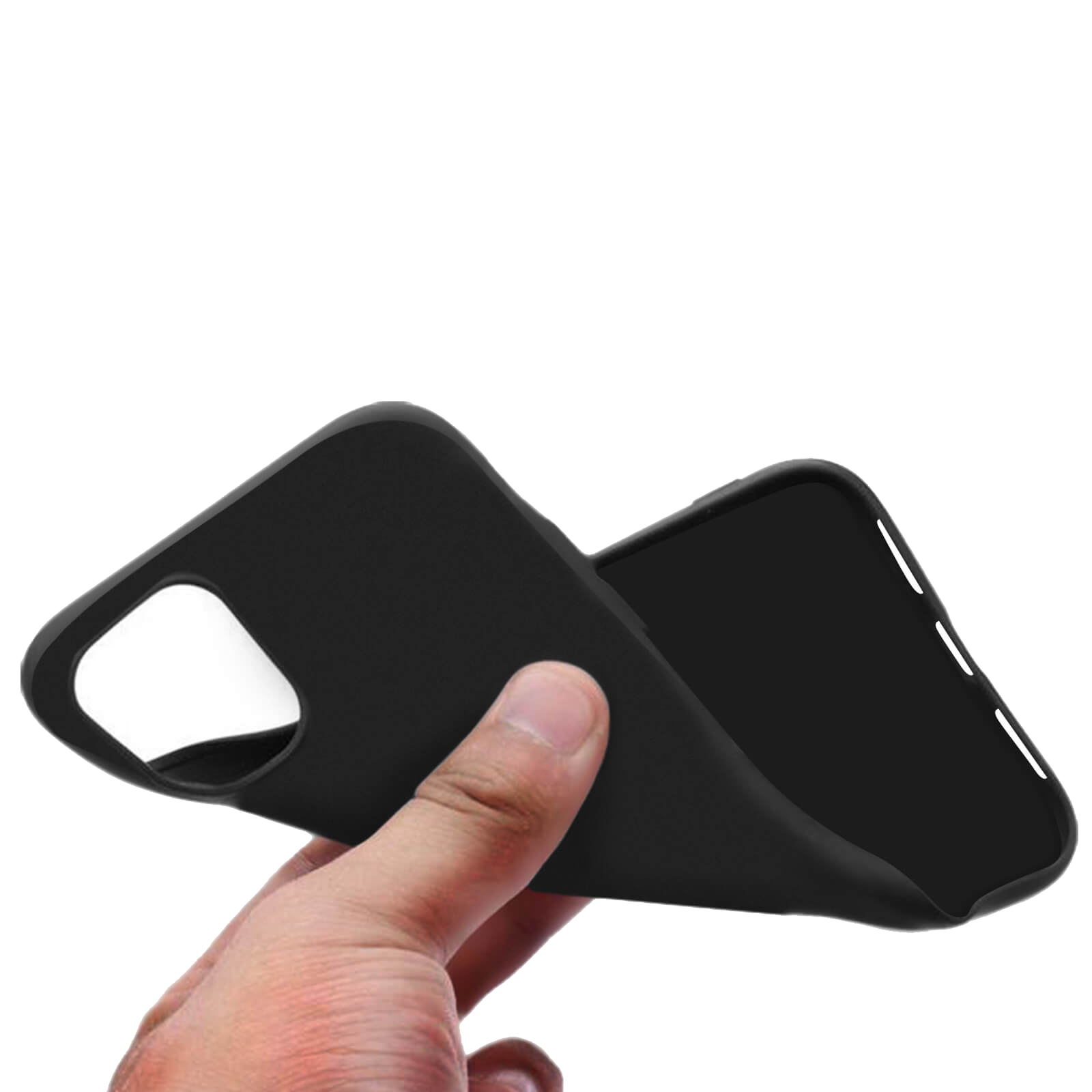 Een zwarte telefoonhoes die door een hand wordt opengehouden, met de binnenkant zichtbaar.
