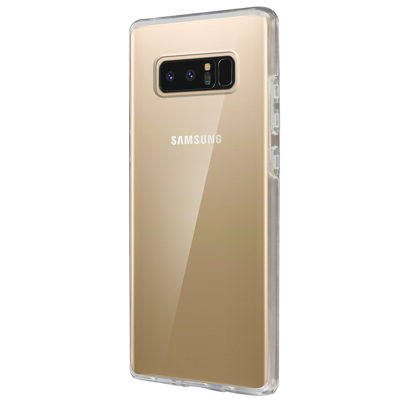 Custodia dorata per telefono con retro trasparente, che mostra il logo Samsung e la fotocamera.