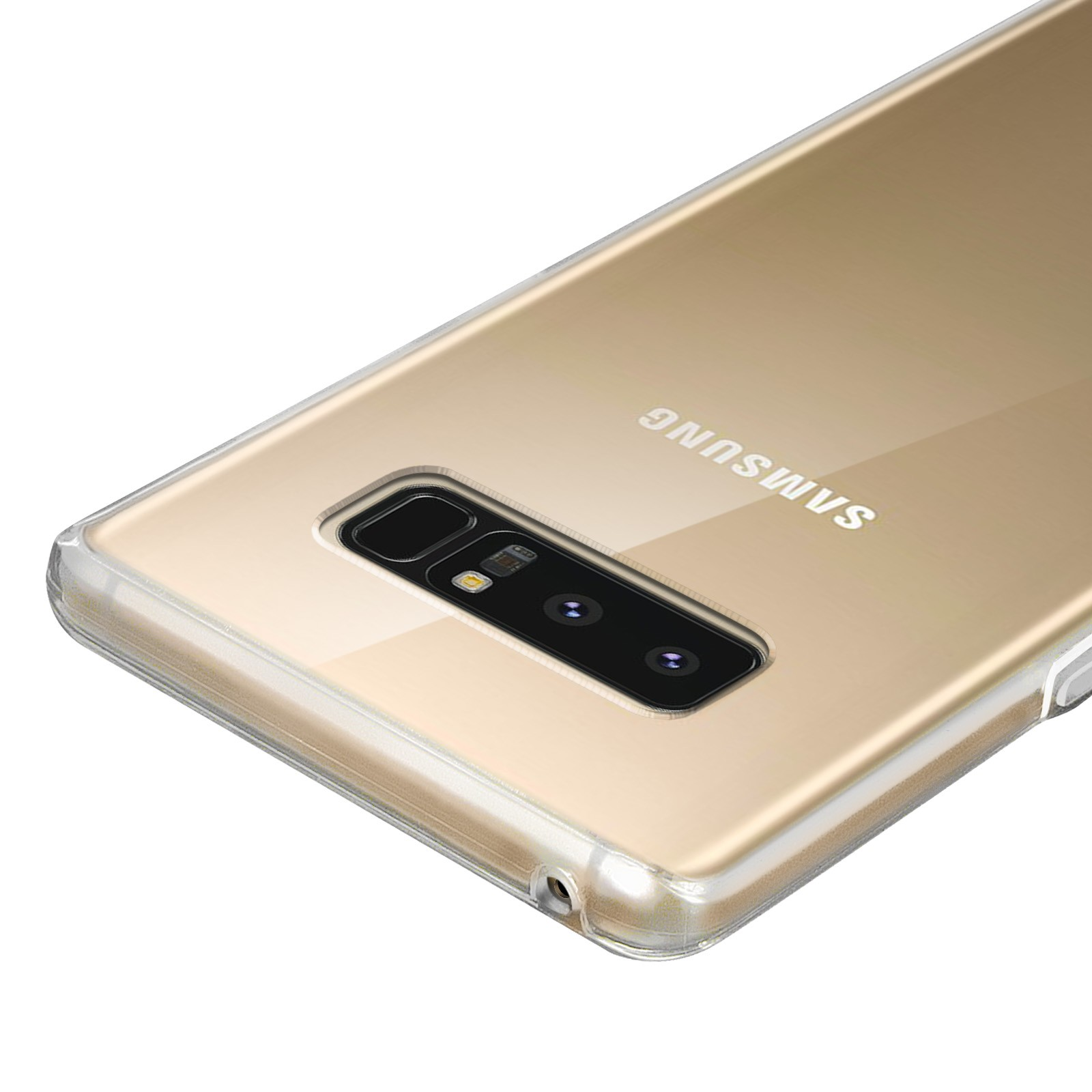Una custodia trasparente per telefono con un telefono dorato all'interno. La custodia è trasparente con ritagli per fotocamera e pulsanti.