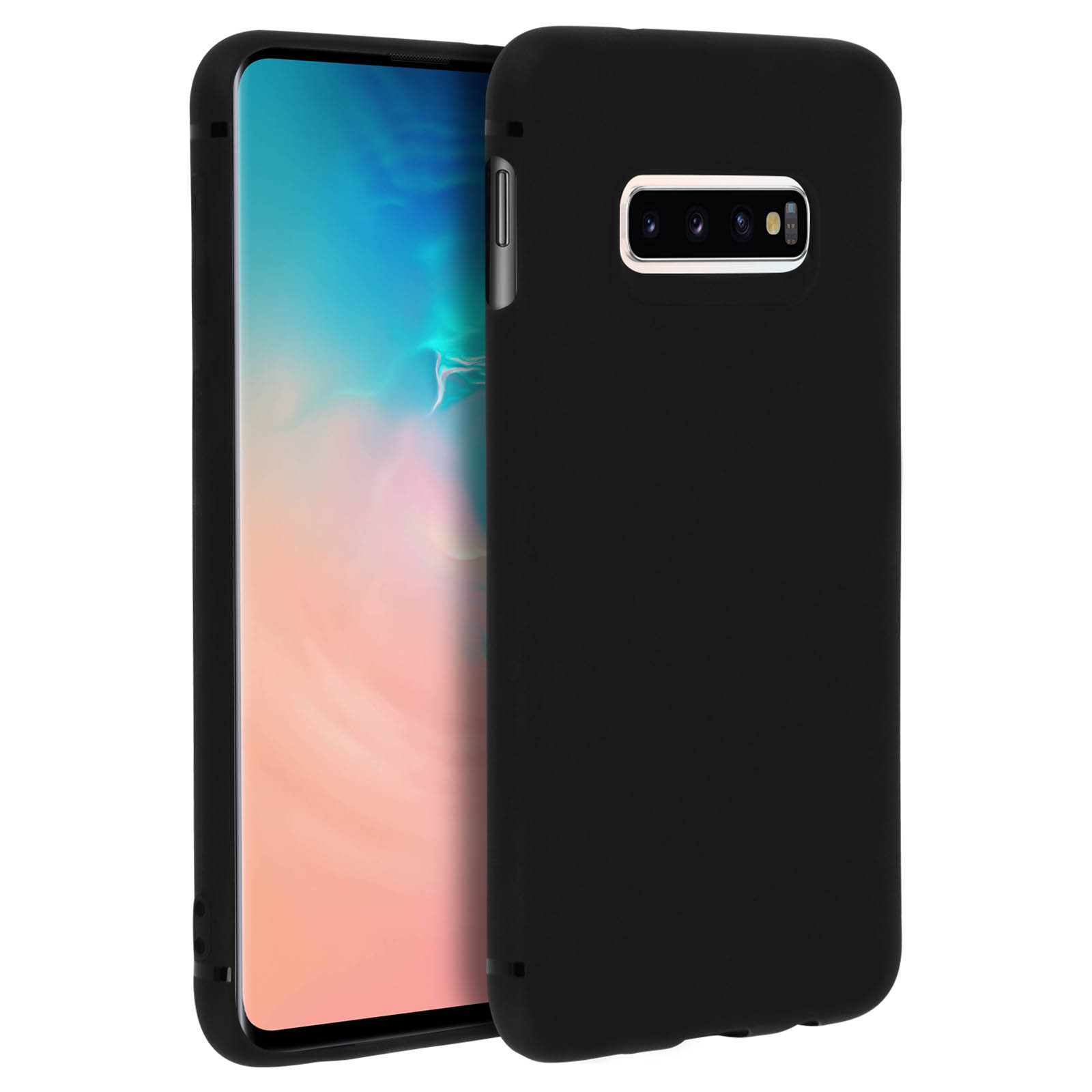Custodia per telefono nera, con un telefono all'interno. La custodia ha un design protettivo.