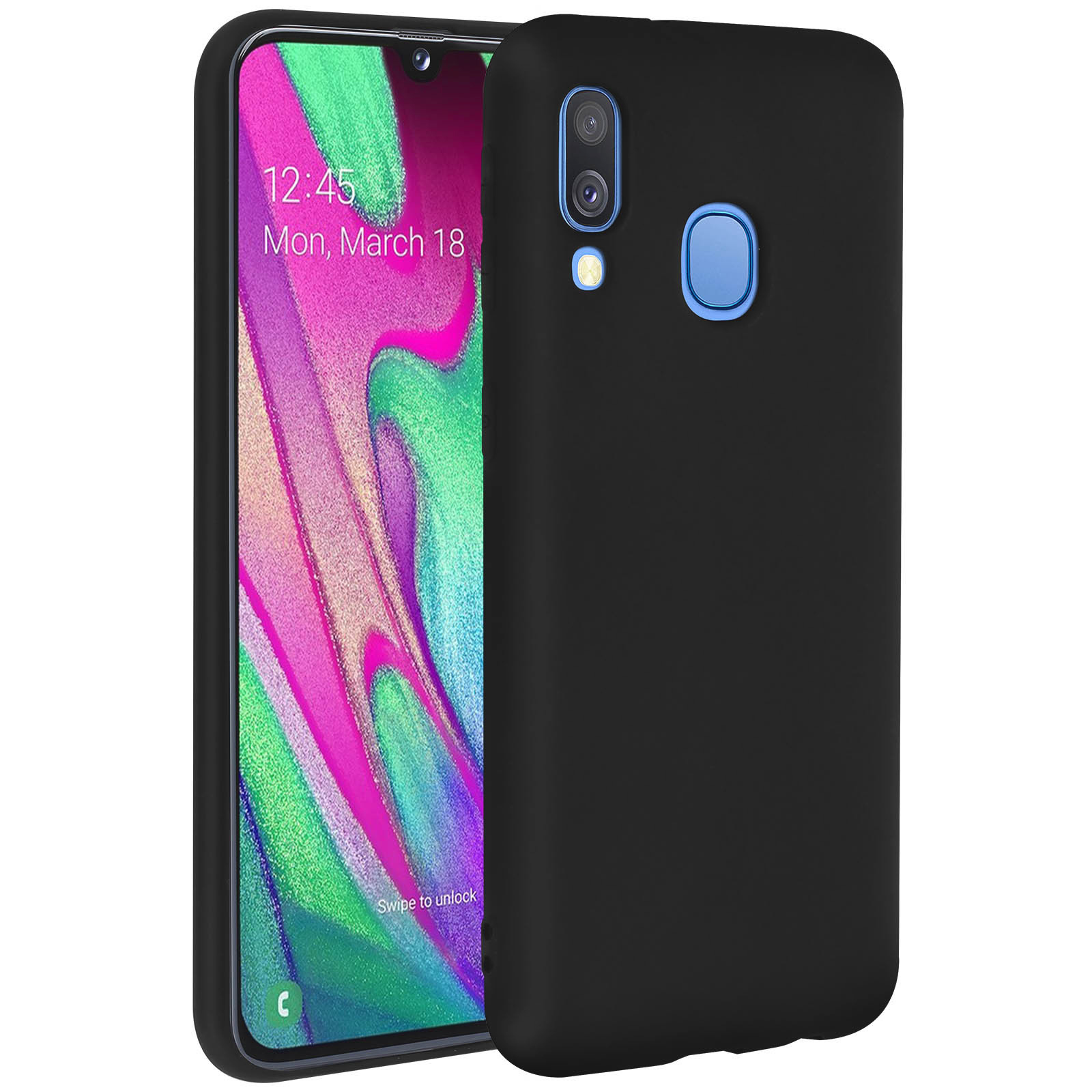 Zwarte telefoon met scherm aan, in een zwarte hoes. De telefoon toont de tijd.