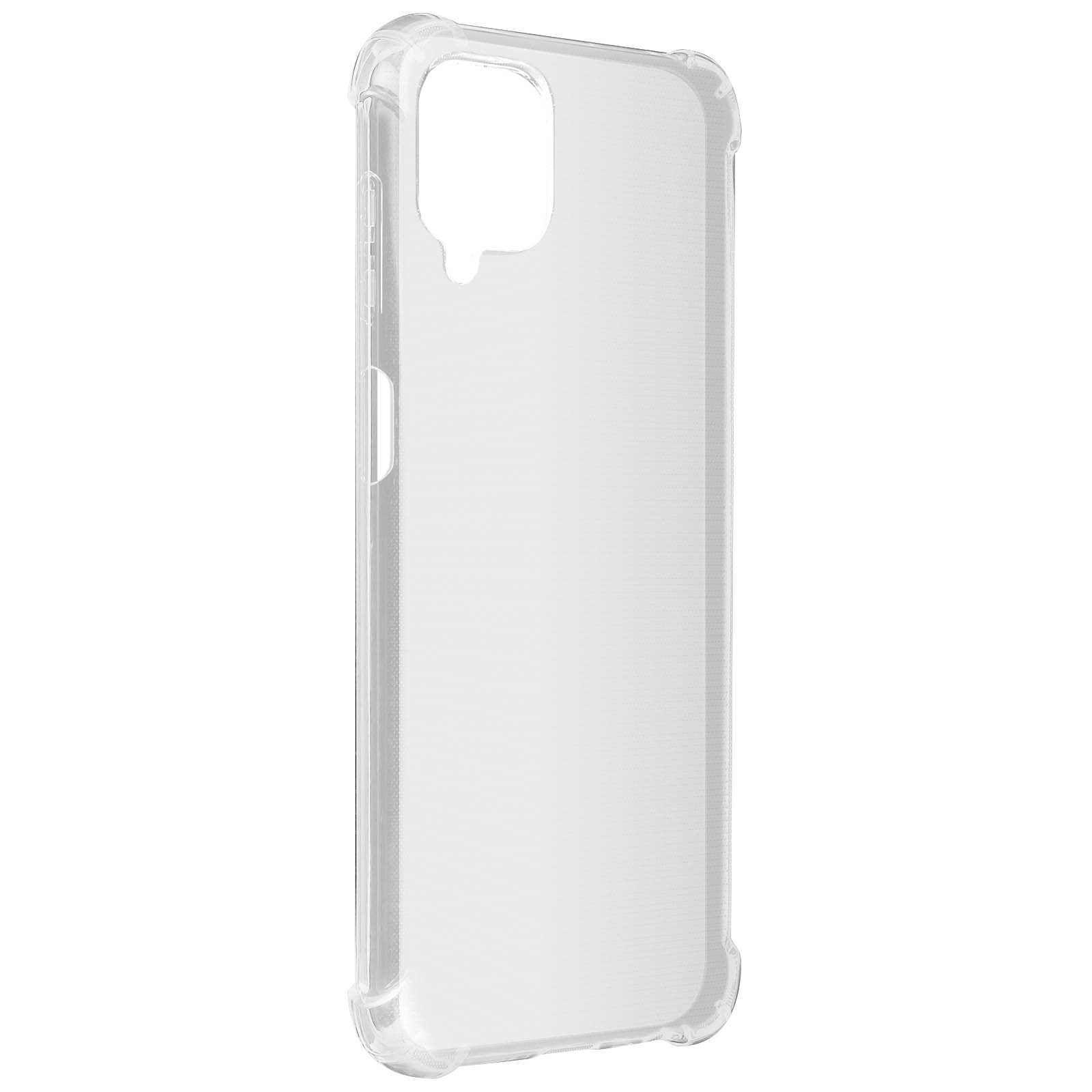 Custodia trasparente per telefono di forma rettangolare. Ha un foro per la fotocamera e un bordo rialzato per la protezione.