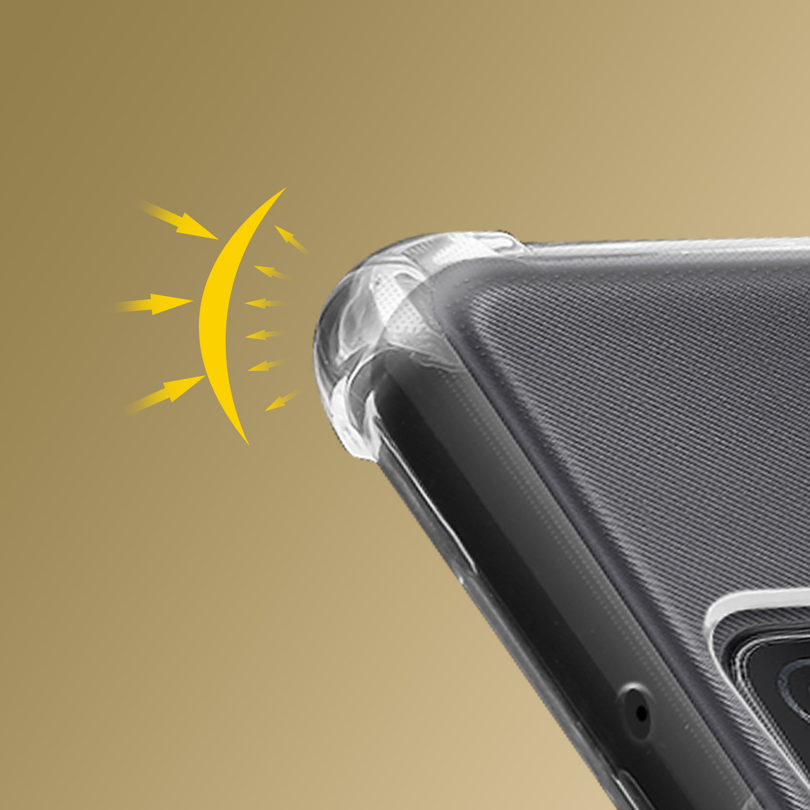 Angolo di custodia trasparente per telefono con frecce che indicano l'esposizione alla luce.