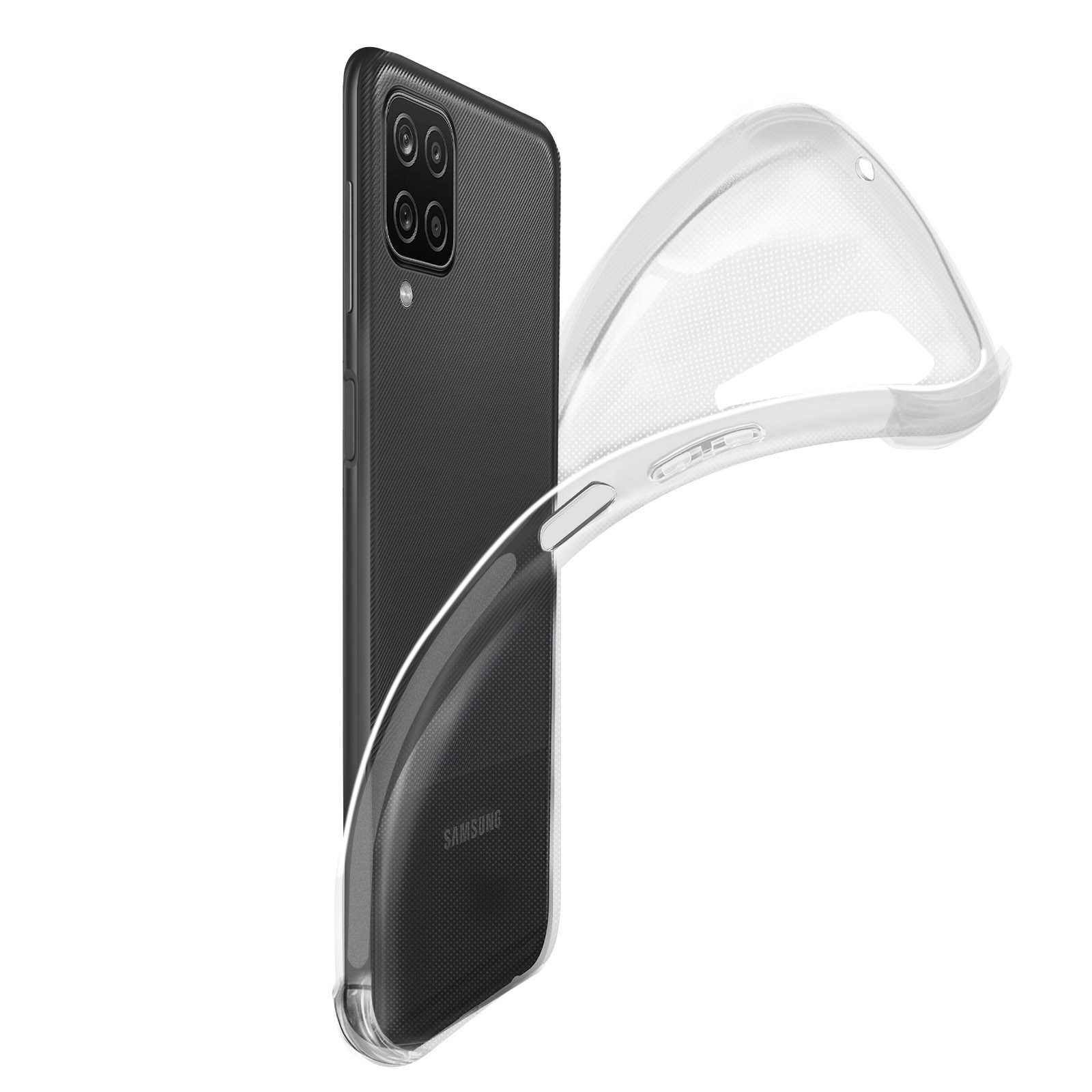 Telefono nero con custodia trasparente. Sfondo bianco. Custodia trasparente sul lato.