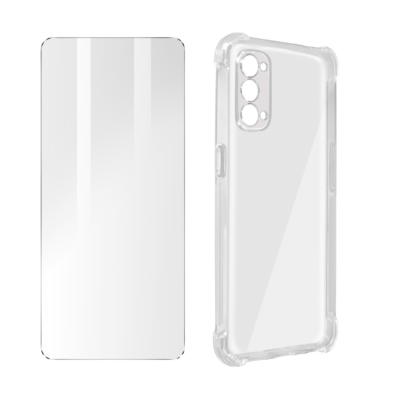Set di protezione schermo e custodia trasparente. Sfondo bianco. Pronto per un telefono.