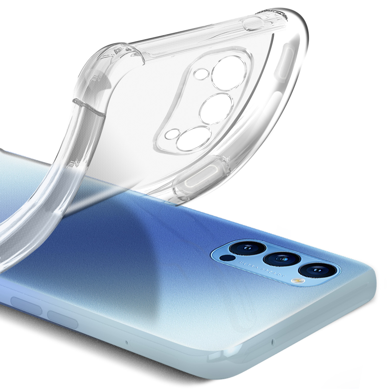 Una custodia trasparente per telefono è sopra un telefono con un retro sfumato blu e bianco. La custodia è parzialmente staccata.