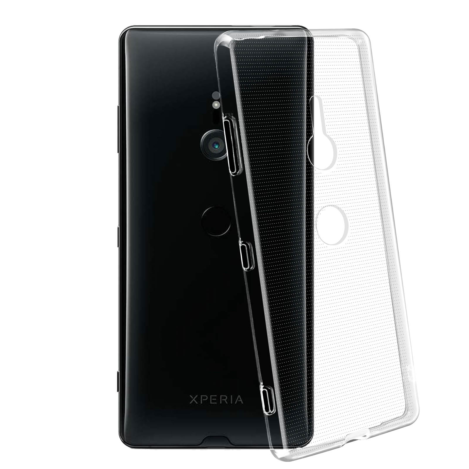 Telefono nero con custodia trasparente, che mostra il retro del telefono.