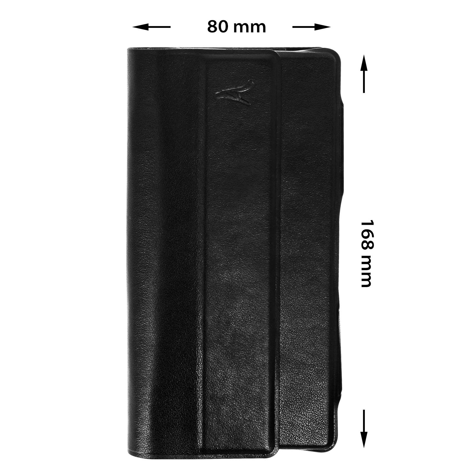 Una custodia per telefono nera con dimensioni in mm.