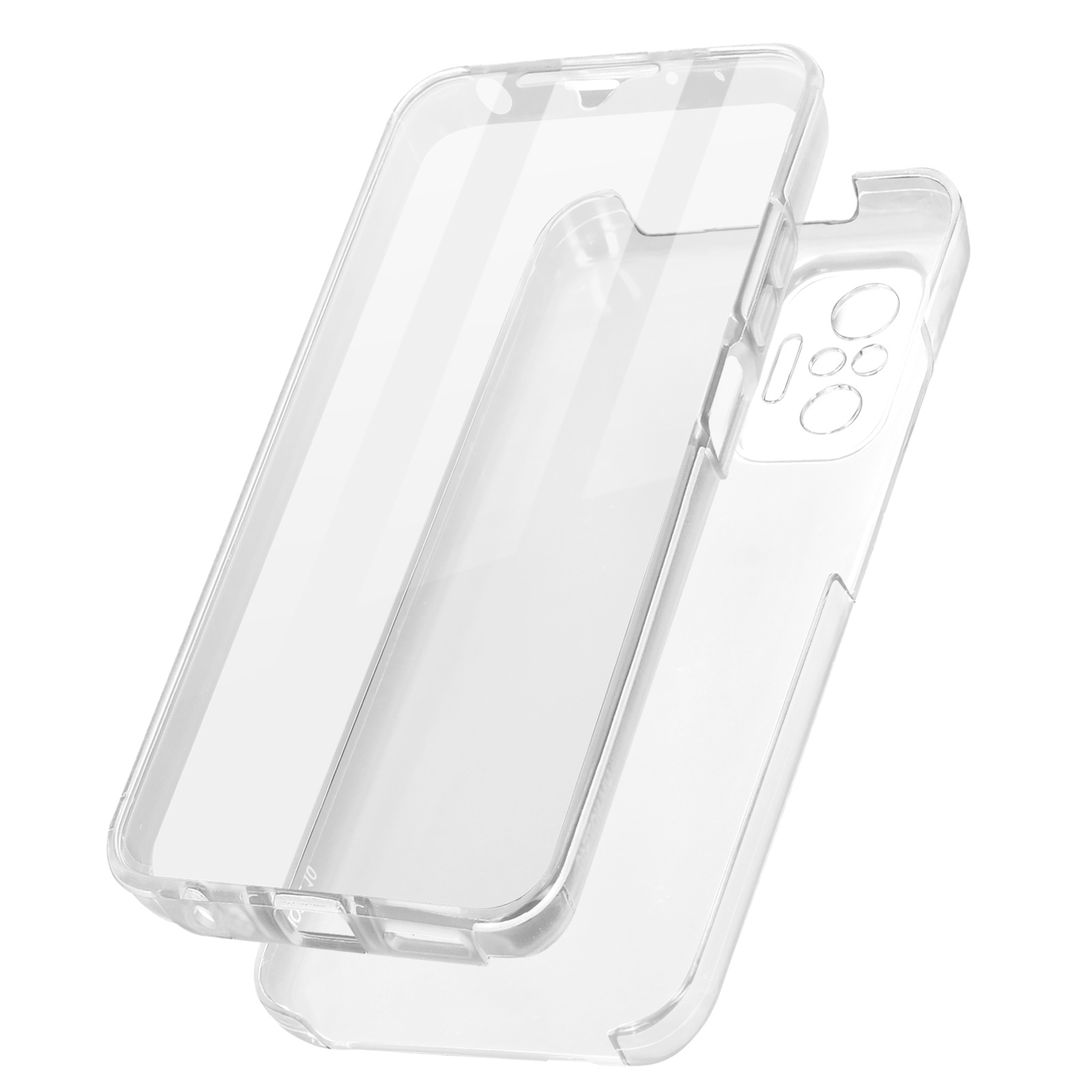 Custodia trasparente per telefono con parte superiore separata. Materiale plastico trasparente. Sfondo bianco.