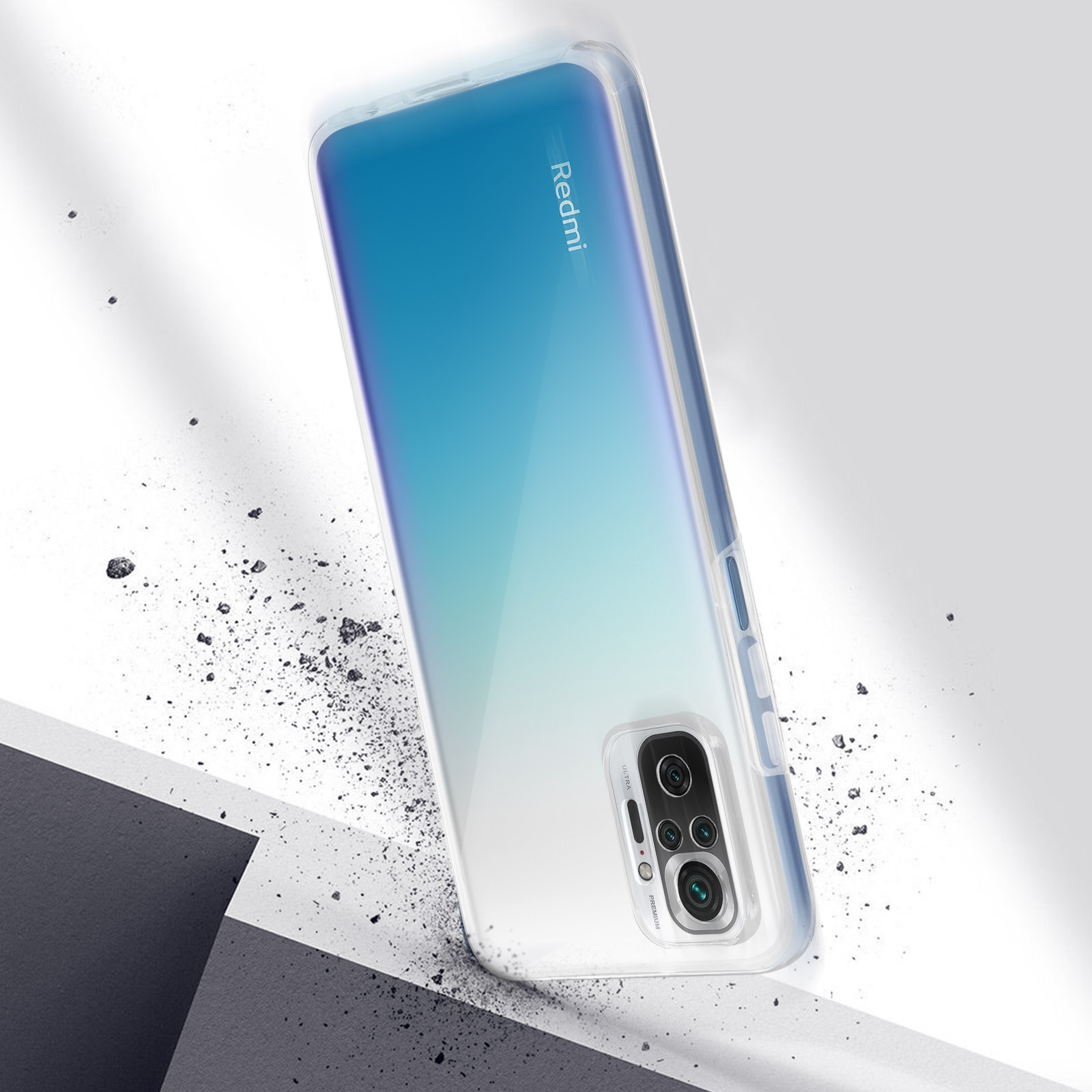Una custodia per telefono che cade con un telefono. Il telefono è bianco e blu. Lo sfondo è bianco e grigio.