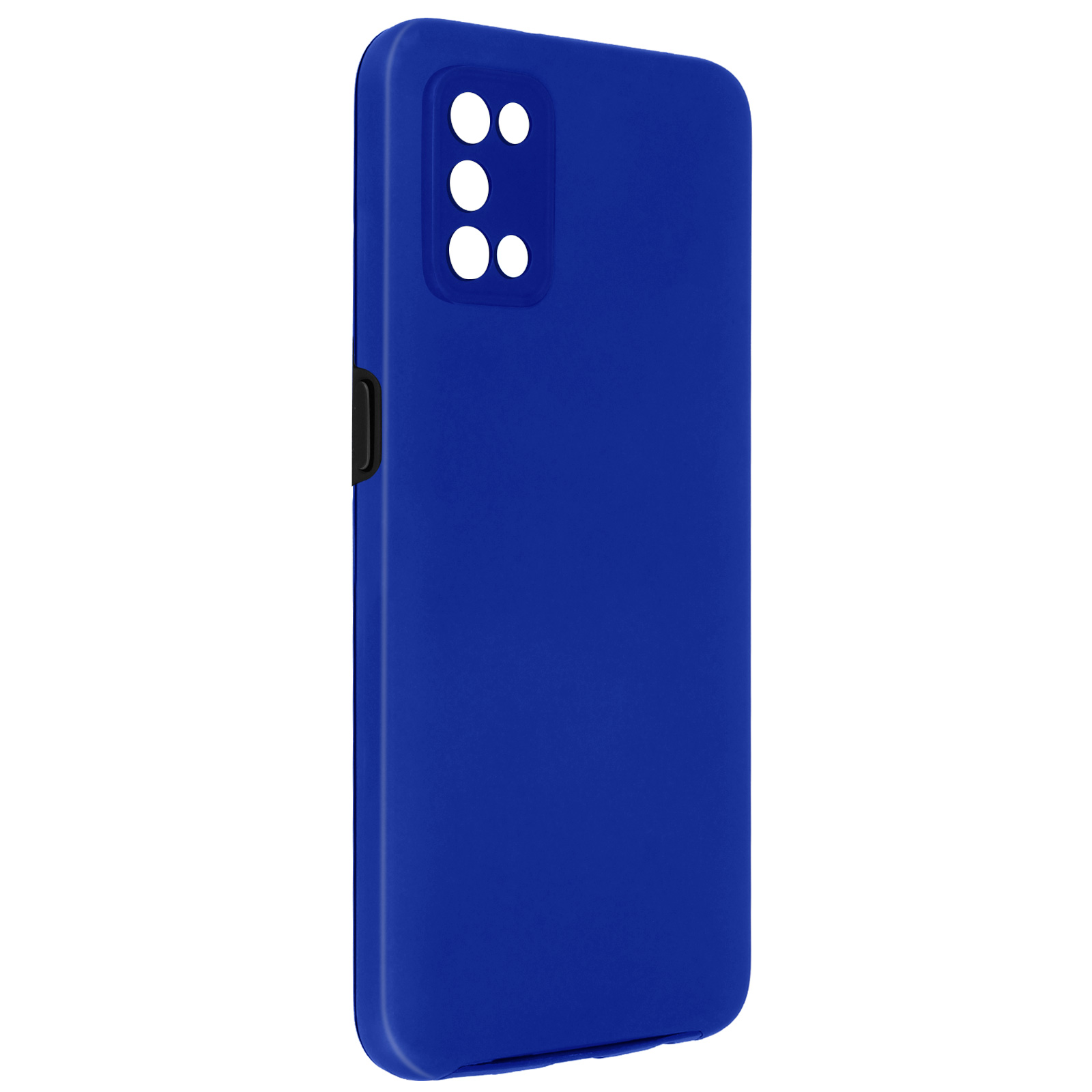 Custodia blu che mostra il retro del telefono. Ritagli per fotocamera e pulsanti visibili.