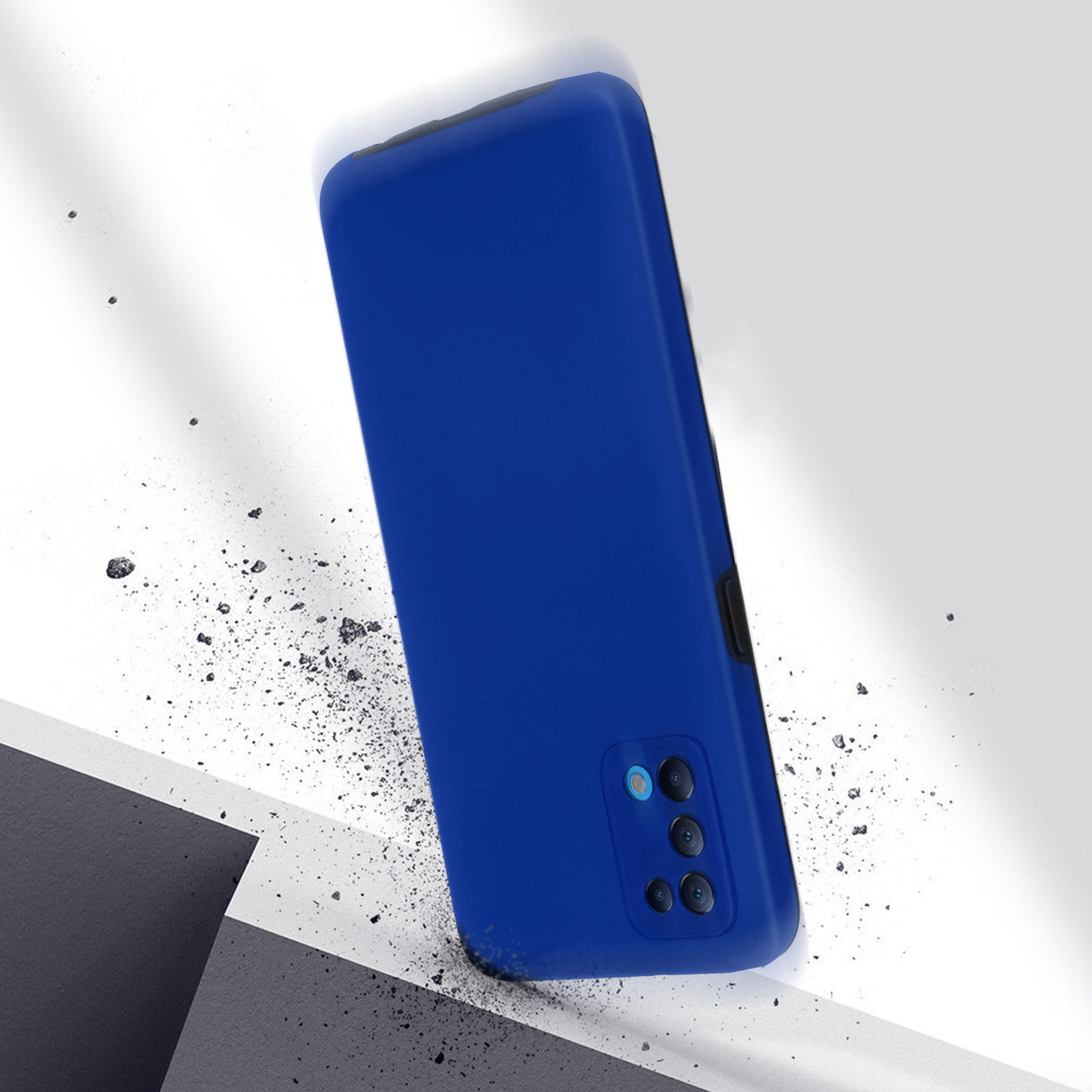 Una custodia per telefono blu che cade. La custodia del telefono è blu e ha un ritaglio per la fotocamera.
