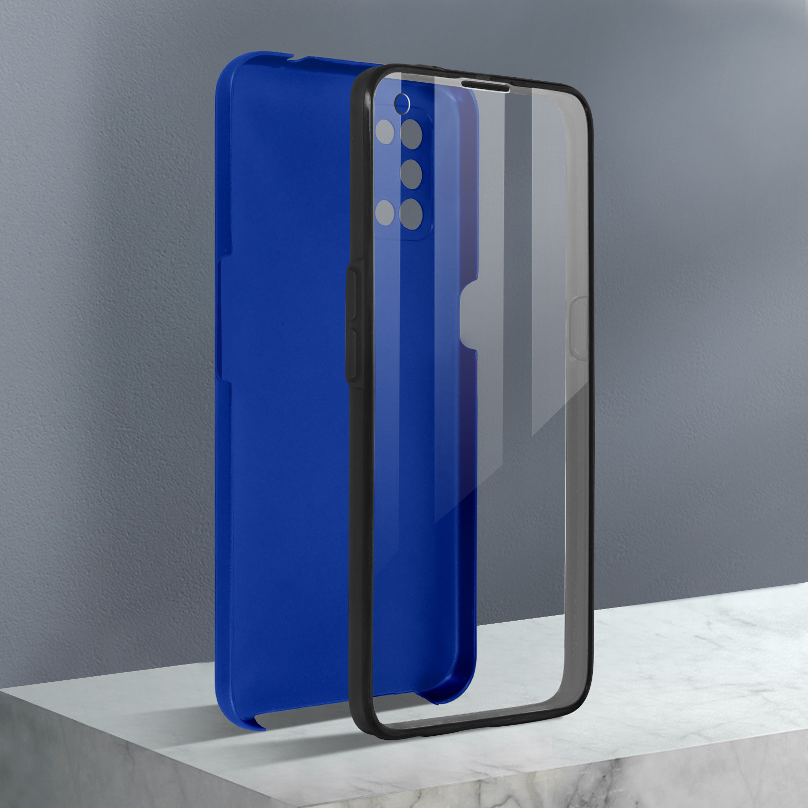 Telefono blu con custodia nera, frontale trasparente. Il telefono è su una superficie di marmo.