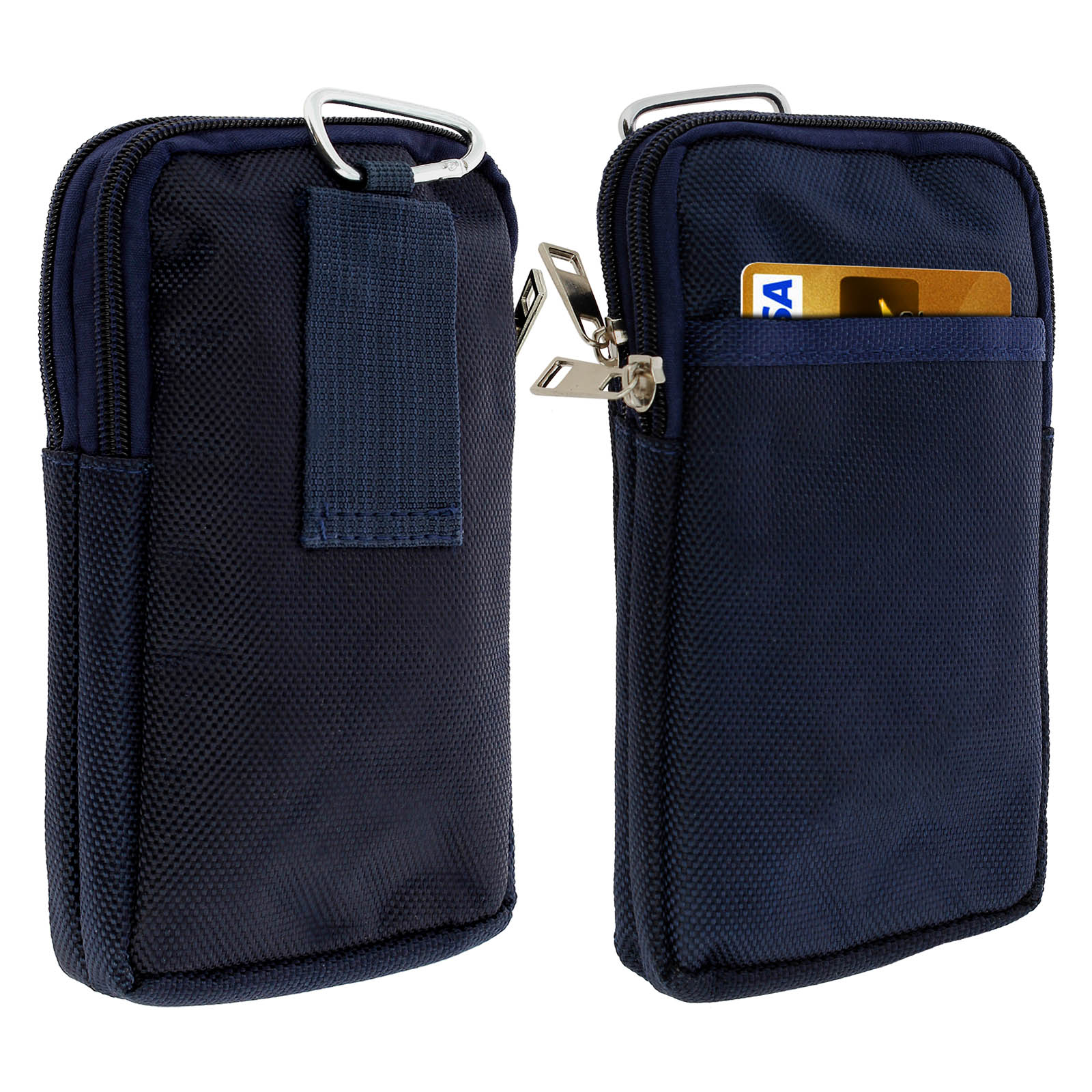 Due custodie per telefono blu navy. Una aperta con carta, l'altra chiusa. Cerniera e cinturino argentati.
