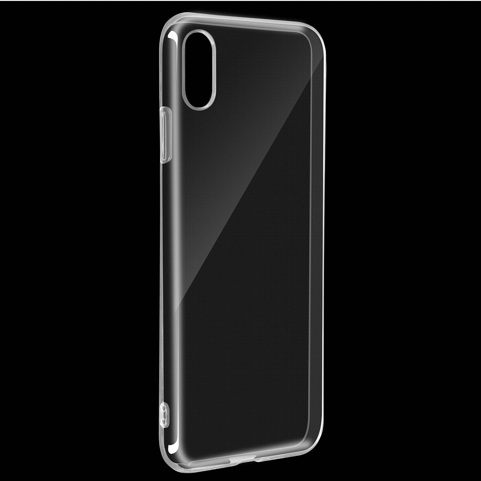Custodia trasparente per telefono su sfondo nero, con ritaglio per fotocamera visibile.