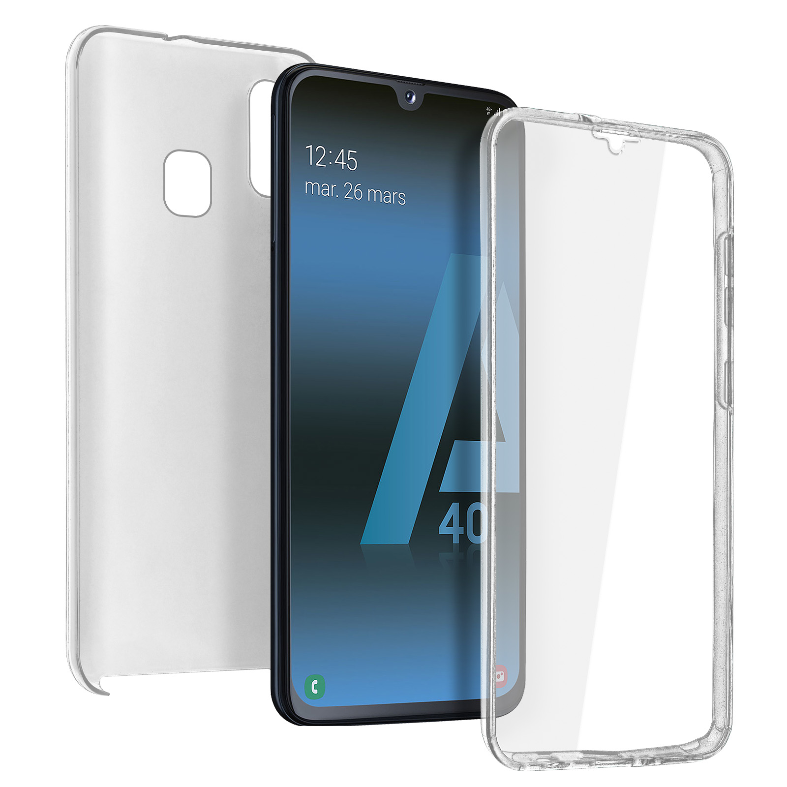 Een telefoon met transparante hoesjes. Toont het scherm, een zwarte rand en hoesjes. Witte achtergrond.