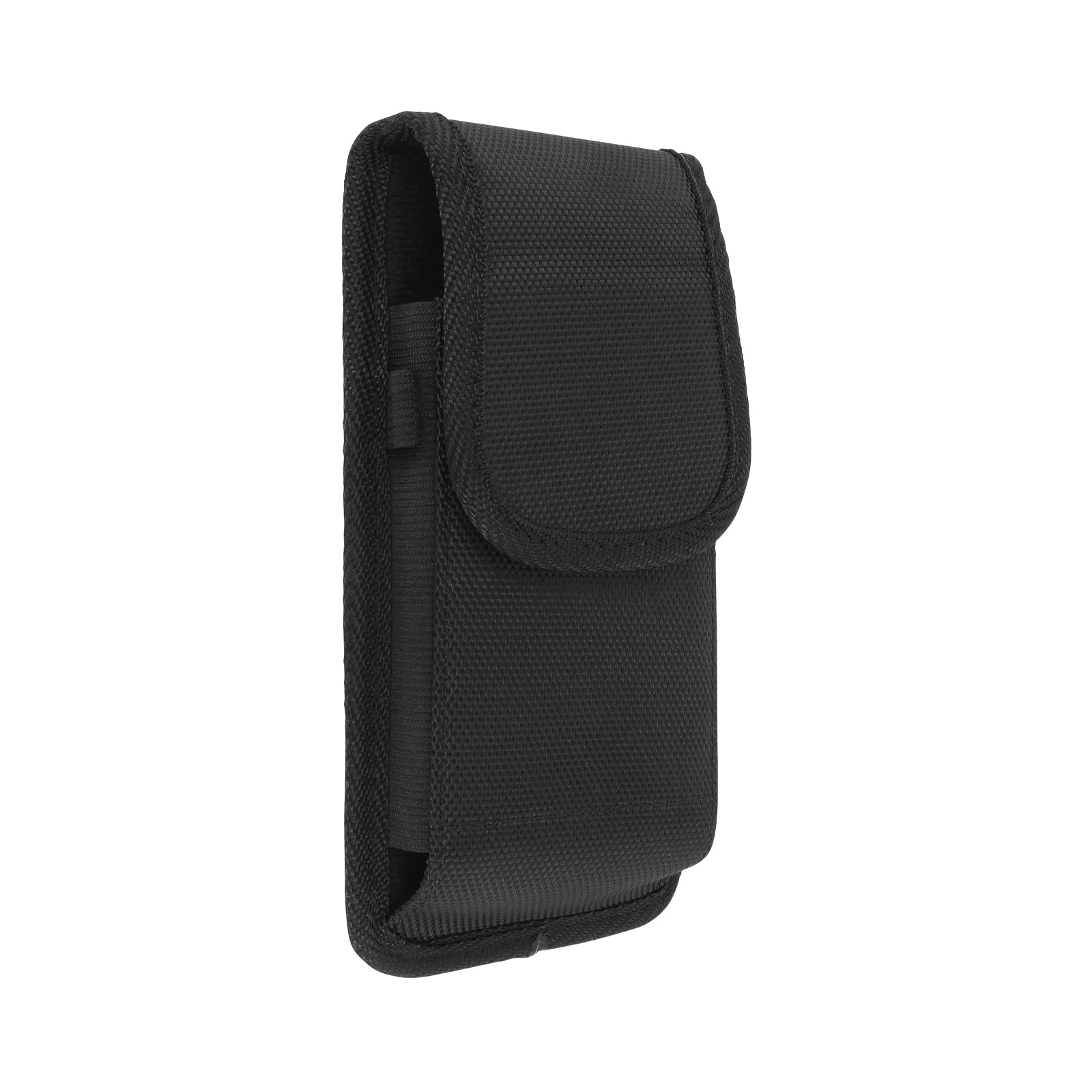Eine schwarze Handytasche mit Klappe. Die Tasche besteht aus einem strukturierten Stoff.