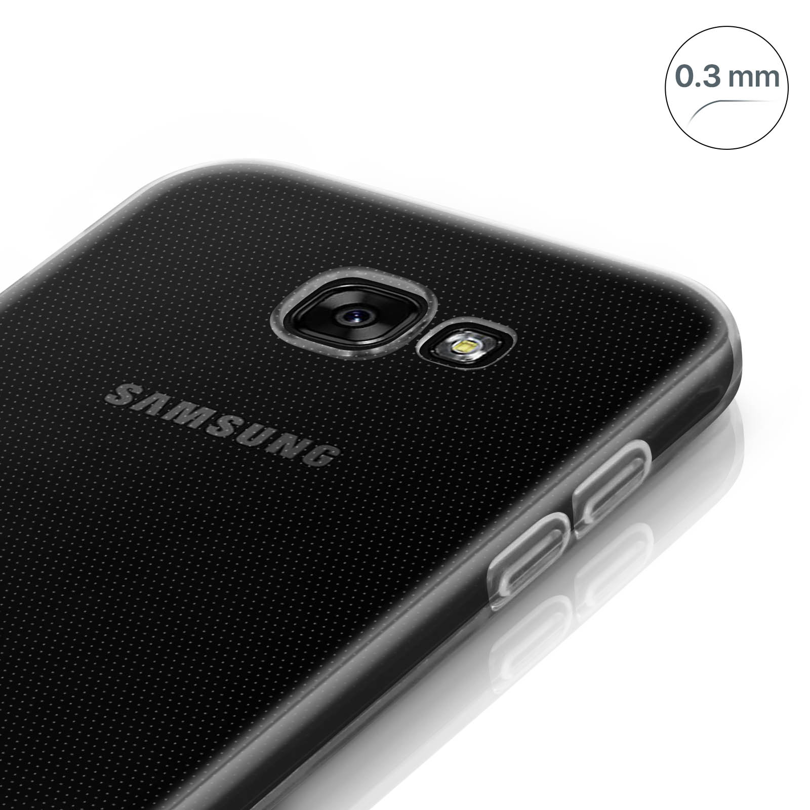 Telefono nero con custodia trasparente su una superficie bianca. Logo Samsung visibile.