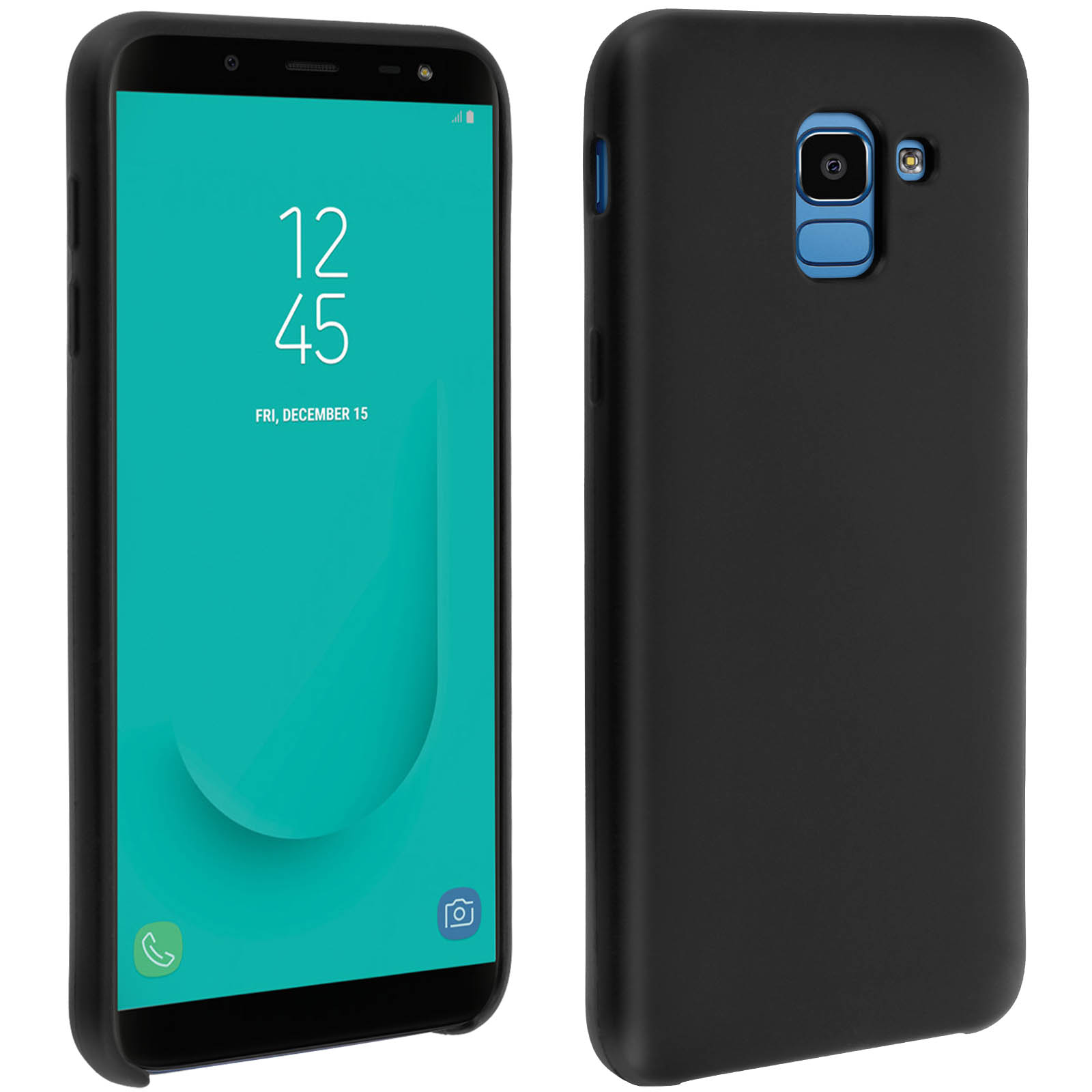 Telefono nero con custodia, vista anteriore e posteriore. Ora e data sullo schermo.