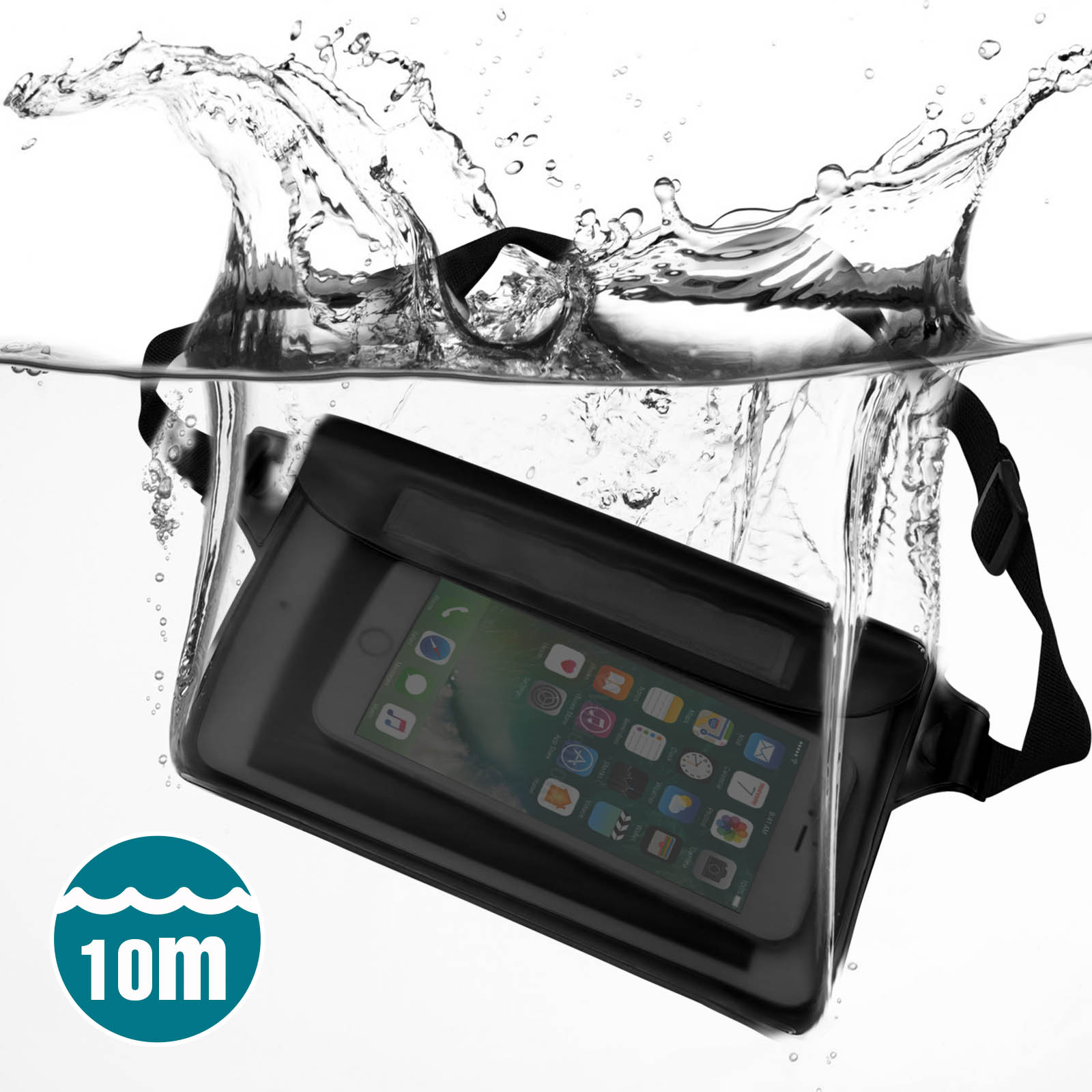 Telefon in wasserdichter schwarzer Hülle, unter Wasser. Wasserspritzer, weißer Hintergrund.