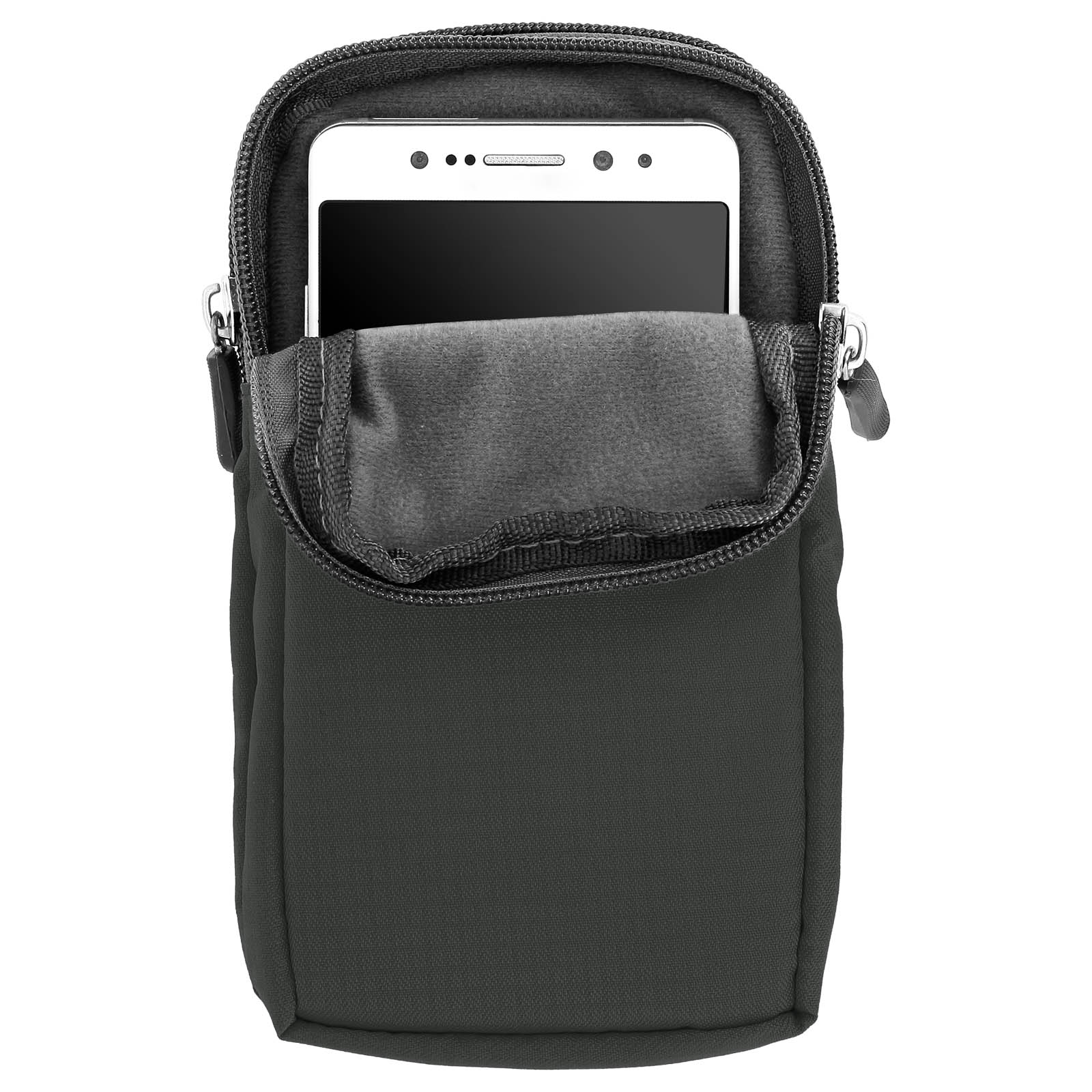 Ein schwarzes Telefon in einer schwarzen Telefontasche, die Tasche ist offen und zeigt das Telefon im Inneren.