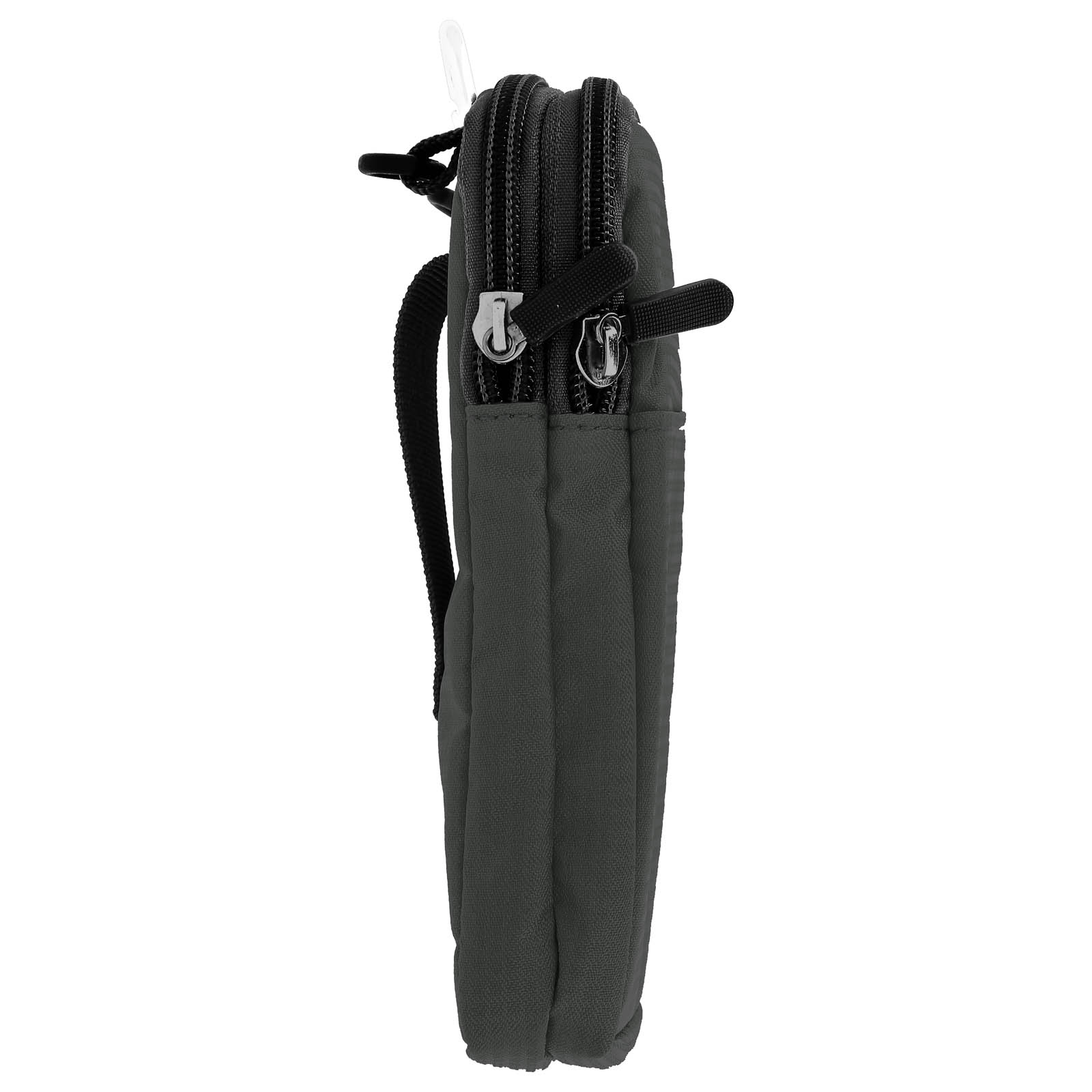 Eine graue Telefontasche mit zwei Reißverschlüssen und einem schwarzen Riemen, vor weißem Hintergrund. Seitenansicht.