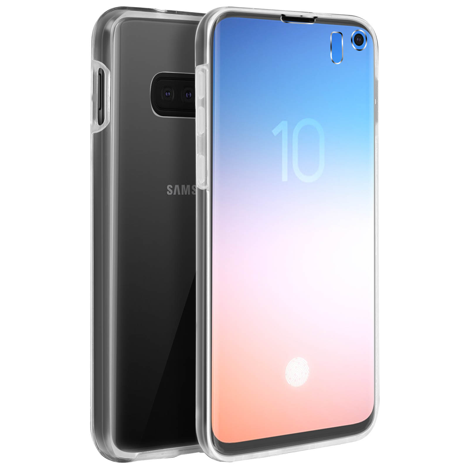 Una custodia per telefono trasparente con un telefono all'interno. Il telefono ha uno schermo che mostra il numero 10.