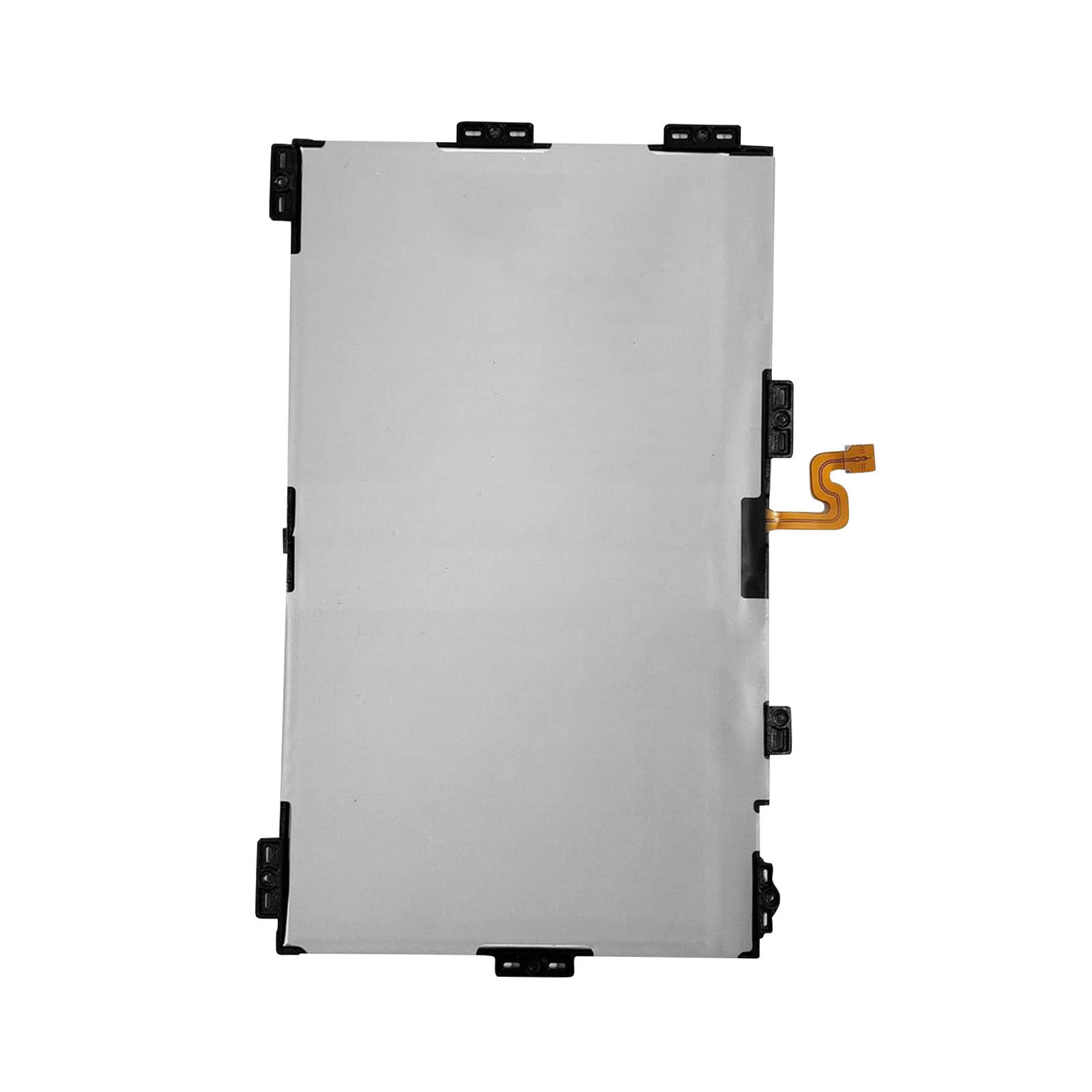 Una batería de teléfono rectangular con algunos componentes negros y un cable dorado.