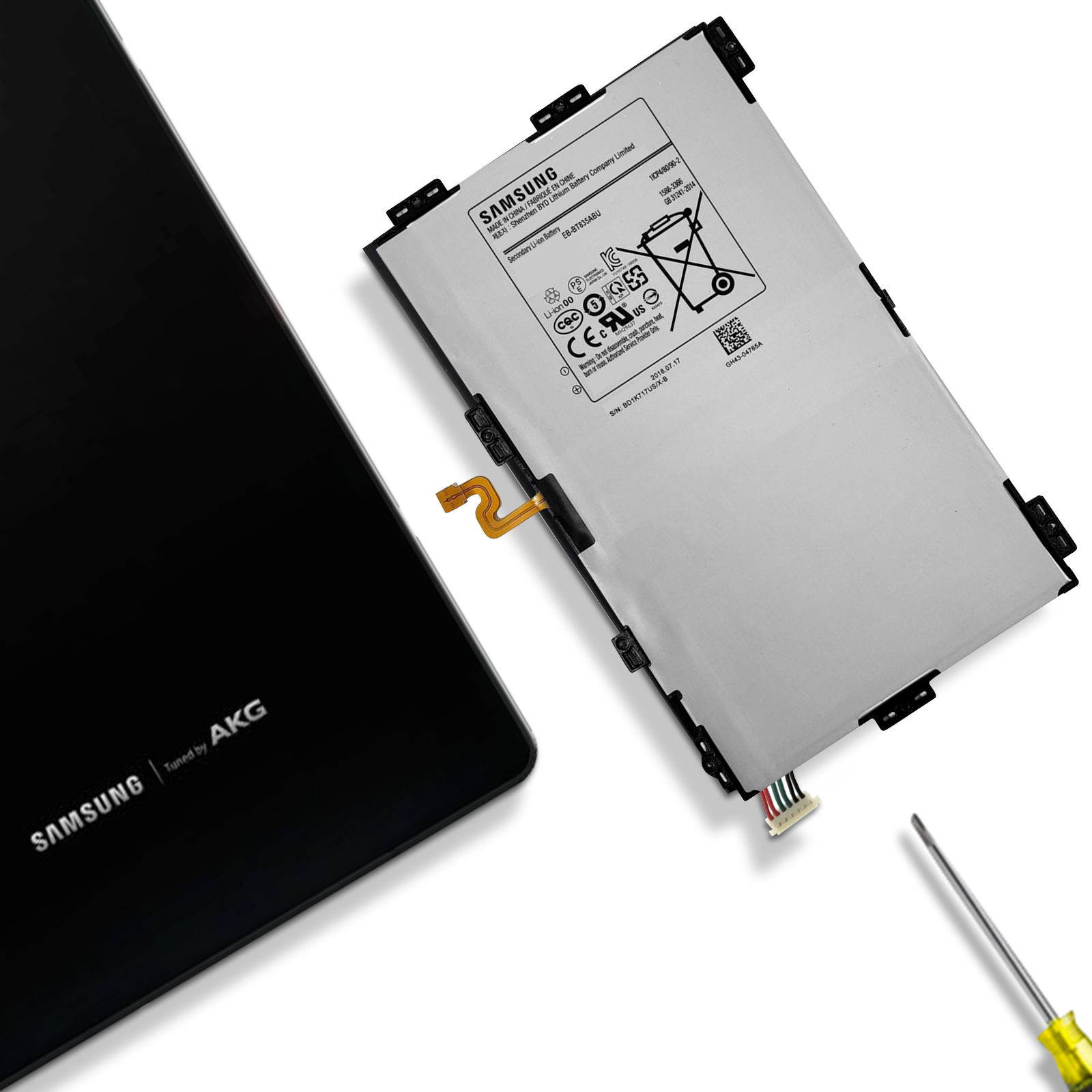 Pantalla de tableta y batería, con un destornillador.