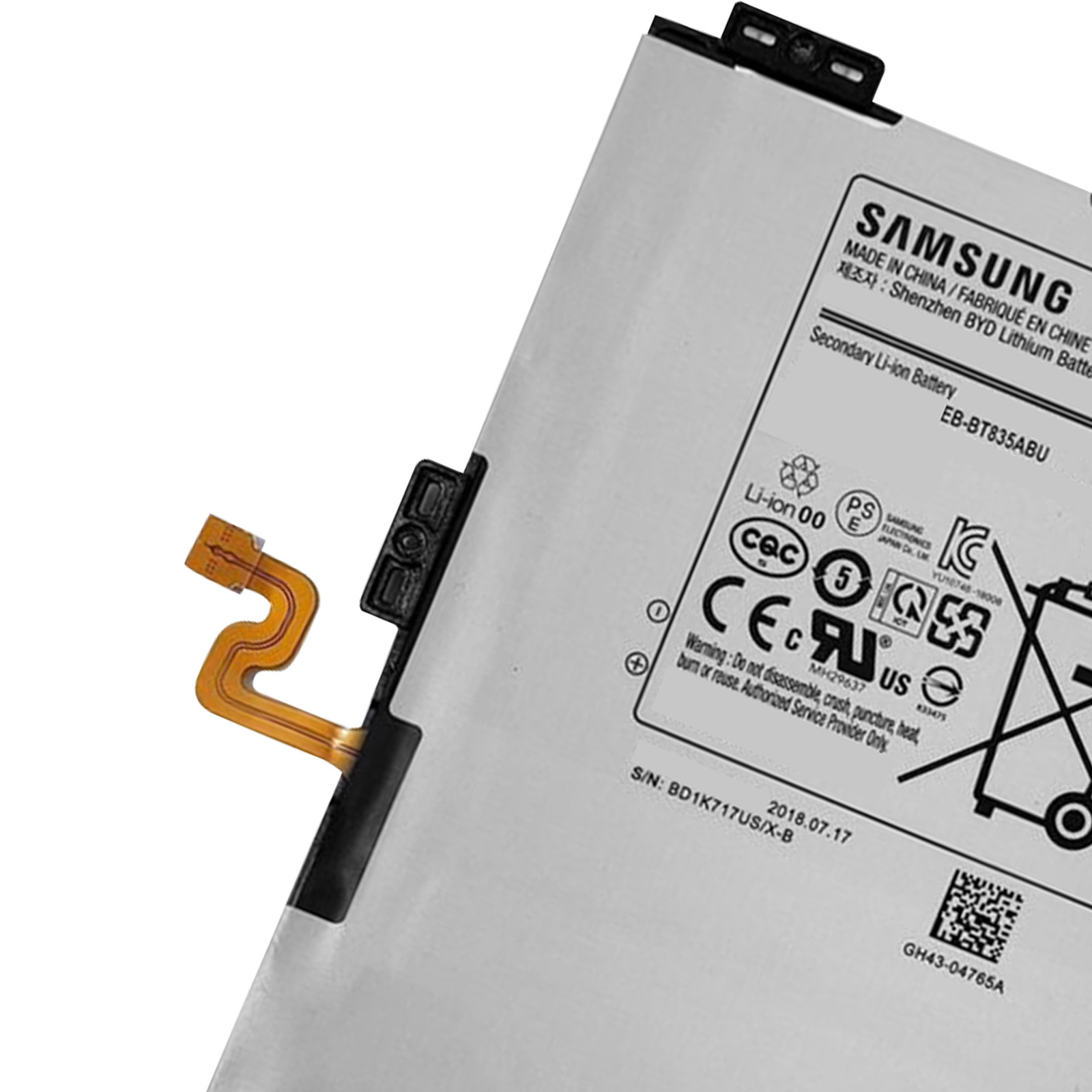 Primer plano de una batería de teléfono con texto y advertencias. La batería es blanca con marco negro.