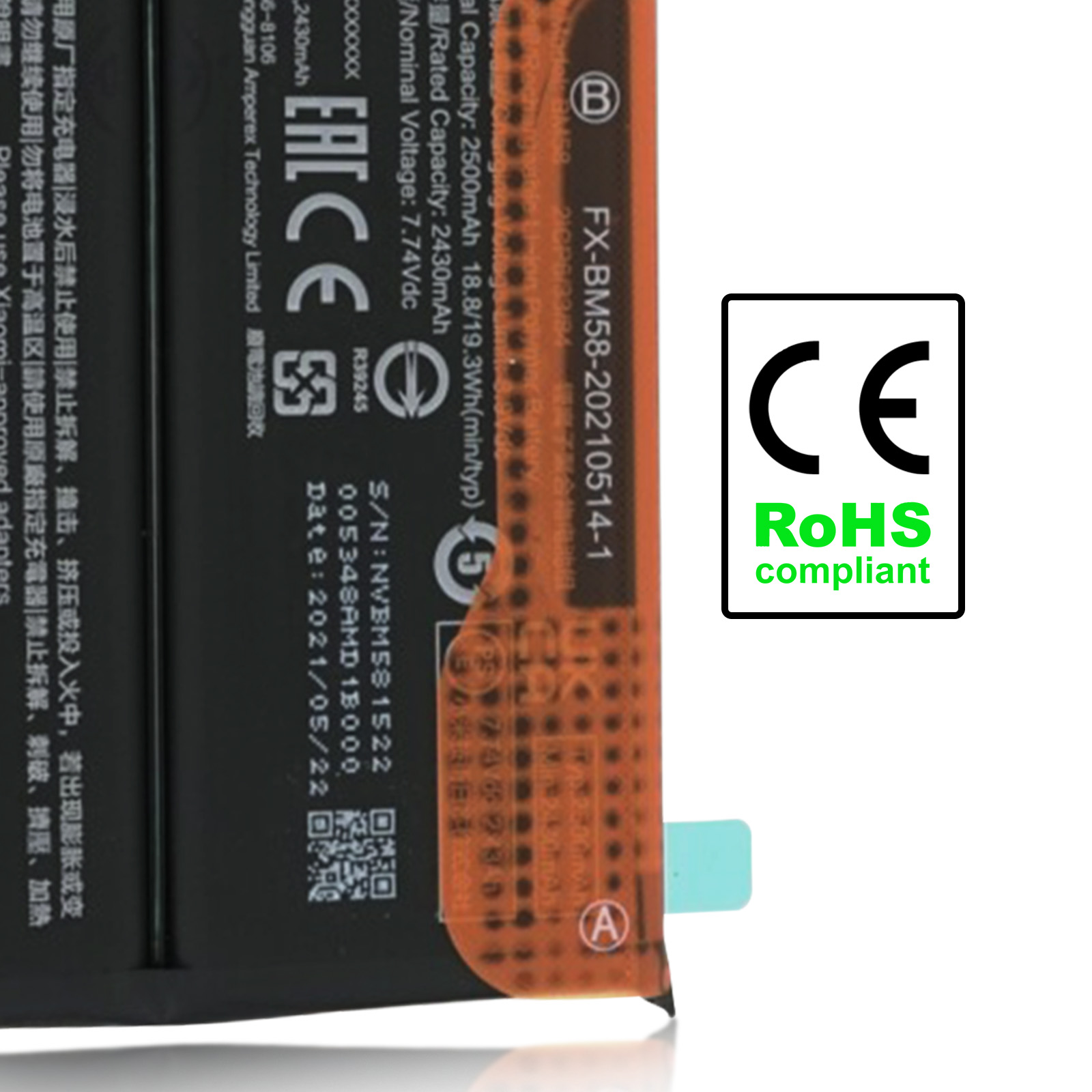 Batteria con testo, simboli CE e conformi RoHS.
