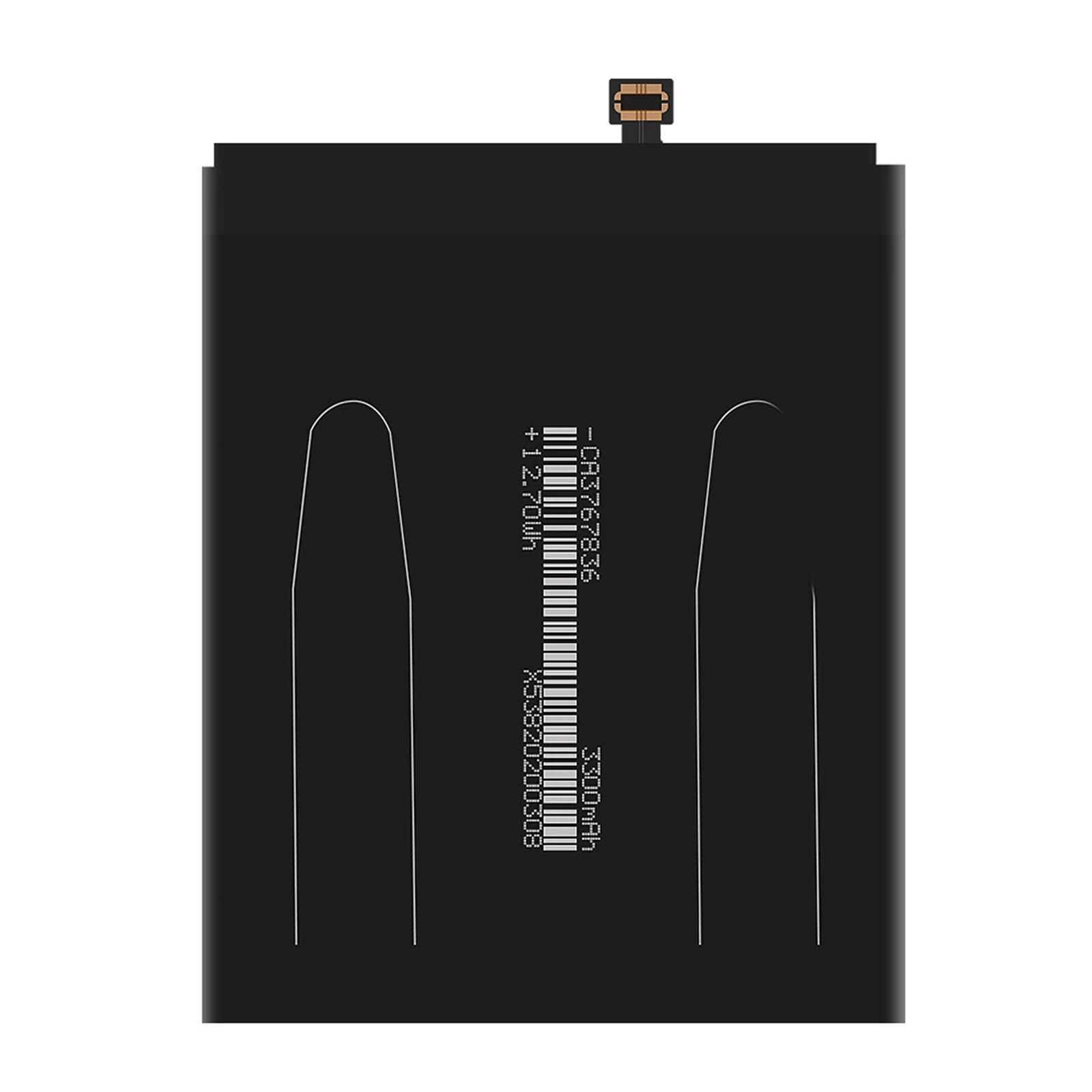 Schwarzer Telefonakku. Auf dem Akku sind ein Barcode und Informationen aufgedruckt.