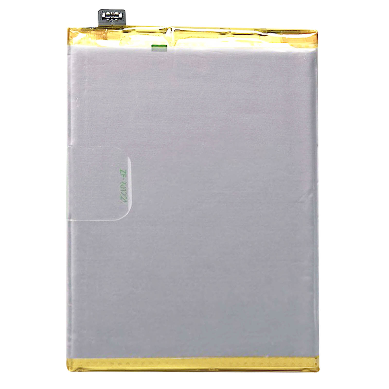 Una batería rectangular de teléfono con una etiqueta plateada y un conector en la parte superior.