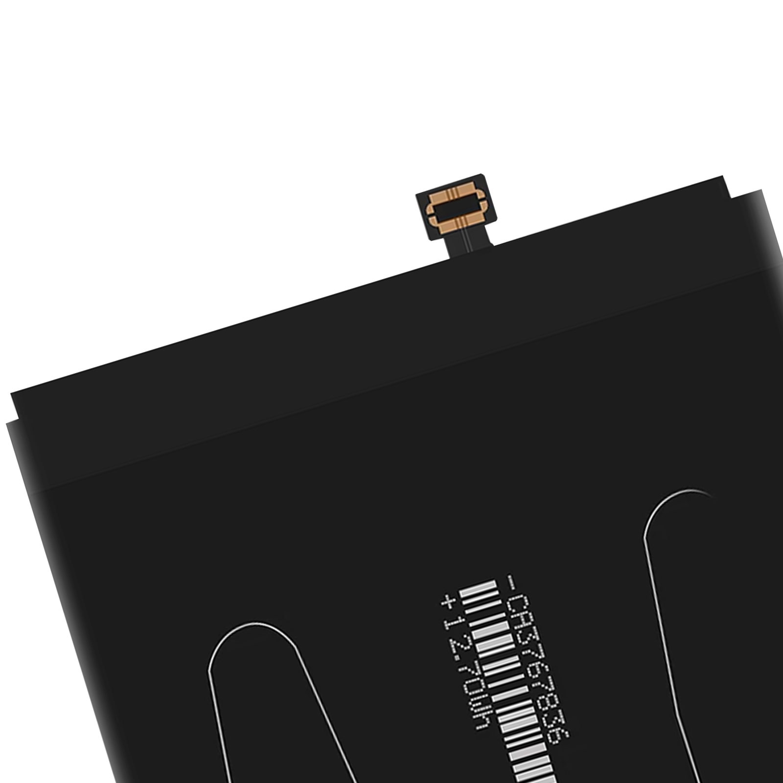 Schwarzer Akku, mit Anschluss, Barcodes und Textetiketten auf der Oberfläche.