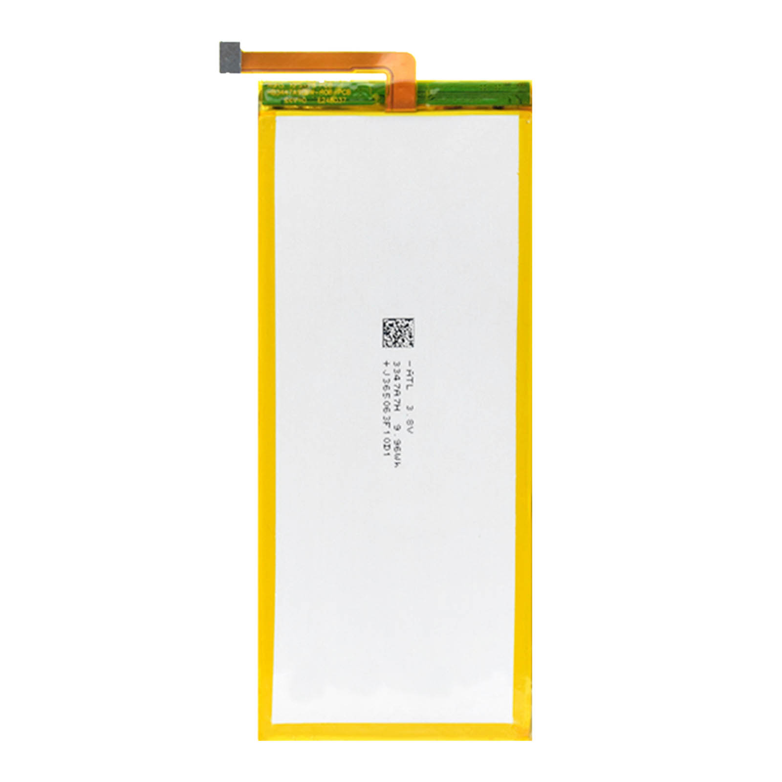 Una batería de teléfono rectangular con bordes amarillos sobre un fondo blanco.