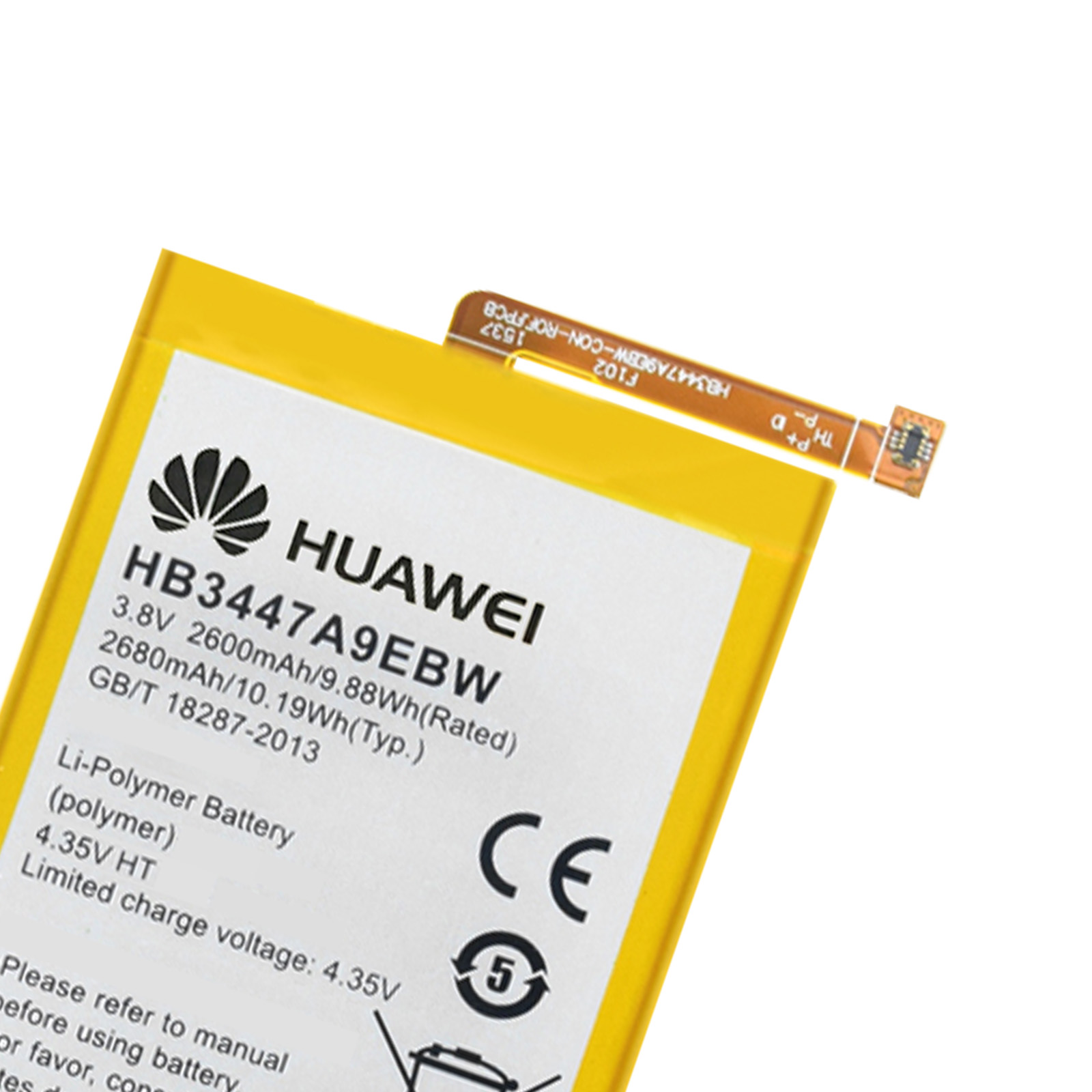 Batería de teléfono Huawei con logotipo y especificaciones. Fondo amarillo y blanco.