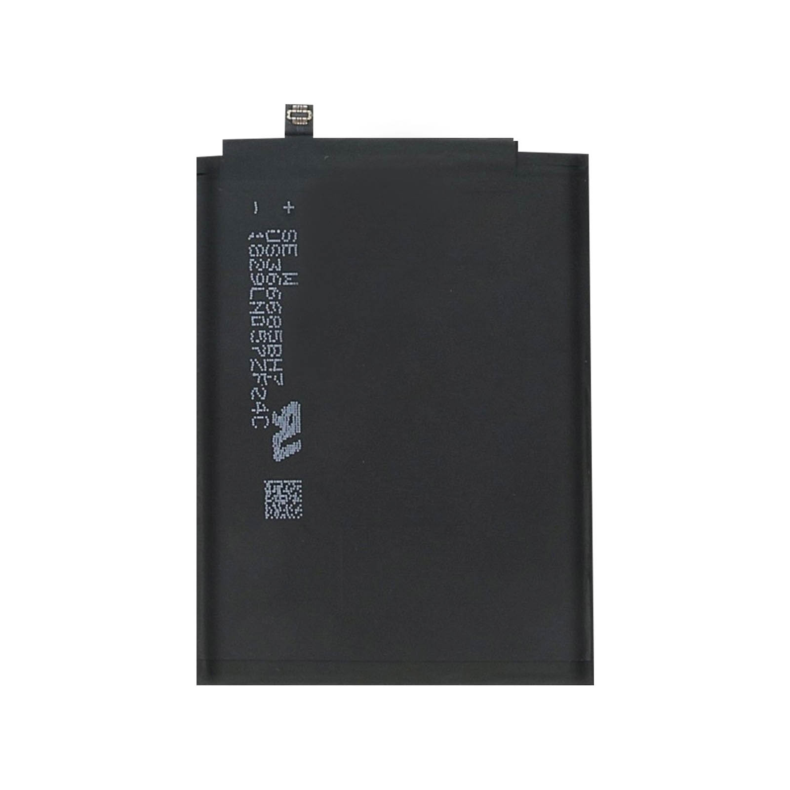 Una batería de teléfono negra con texto y códigos. La batería es negra y tiene una etiqueta.