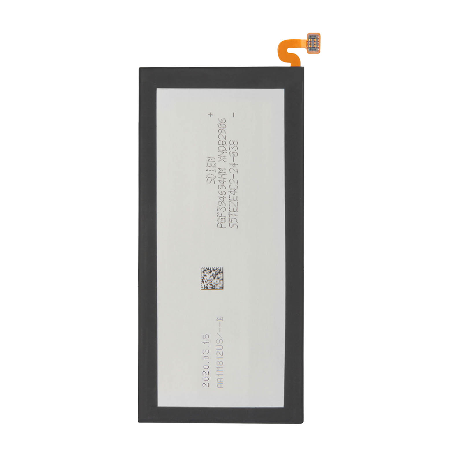 Ein rechteckiger Telefonakku. Der Akku hat weiße und schwarze Farben. Er hat etwas Text und einen Code.