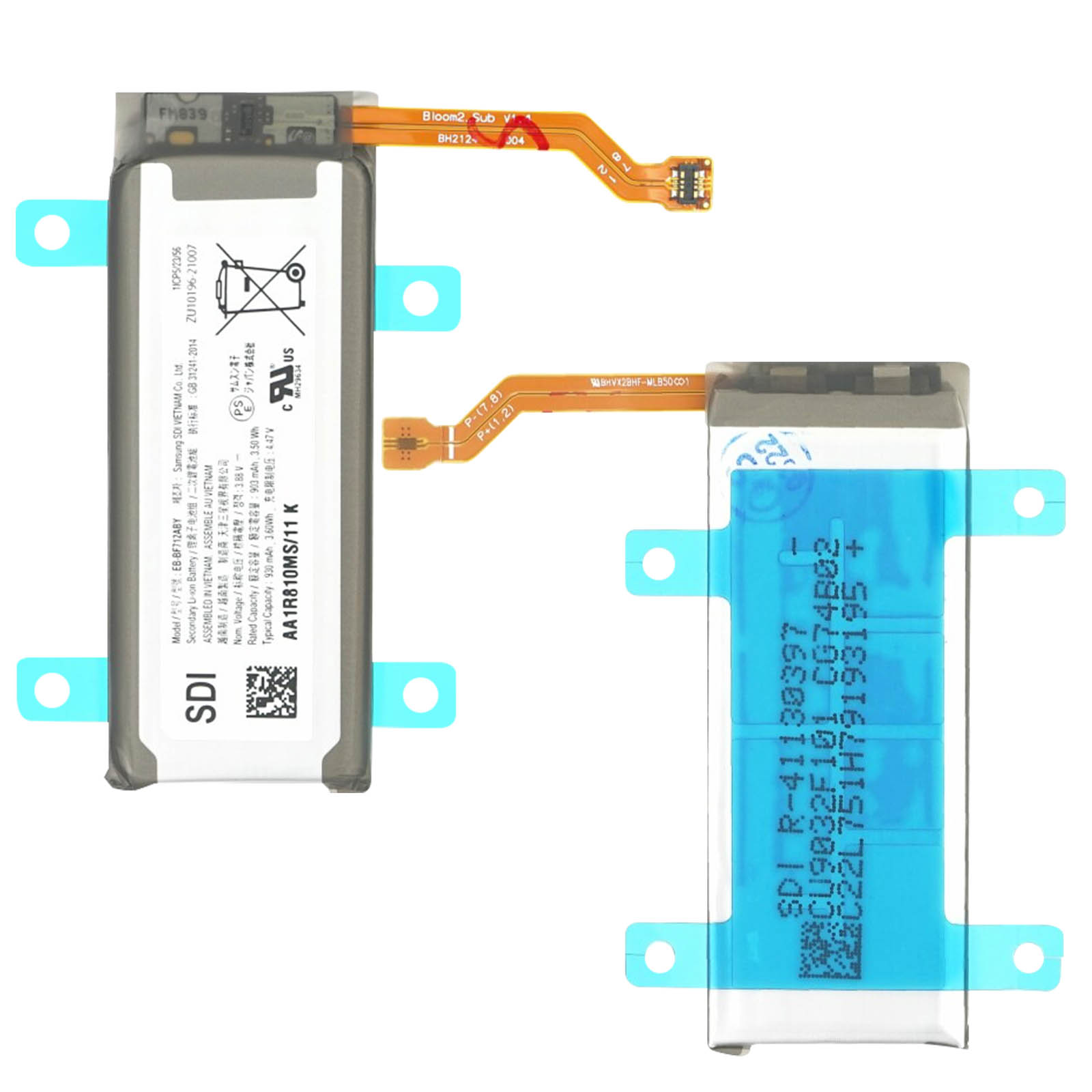 Zwei Telefonbatterien. Eine ist offen, die andere ist geschlossen. Beide haben Etiketten.