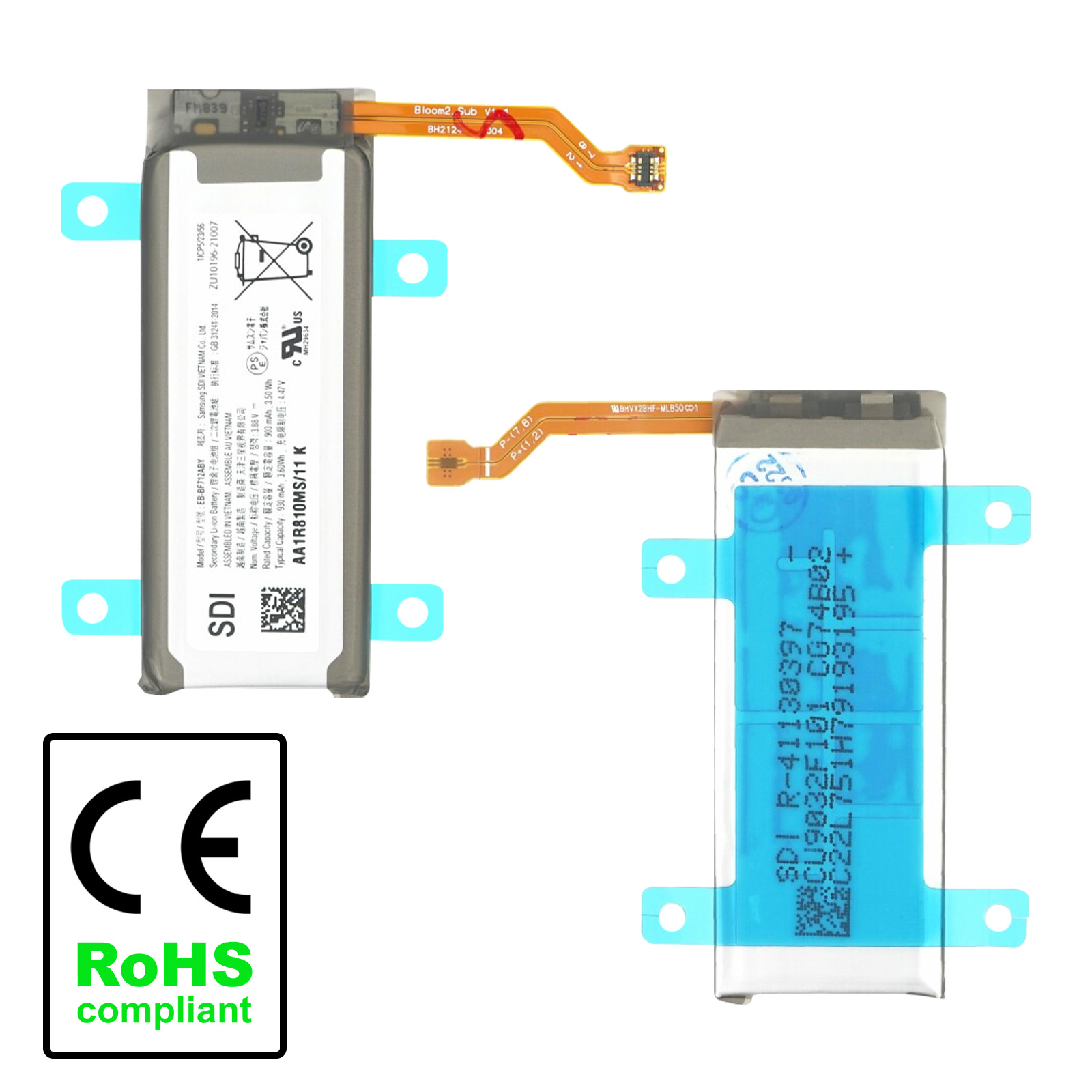 Zwei Telefonbatterien mit Etiketten. Das RoHS-konforme Logo und das CE-Zeichen sind sichtbar.