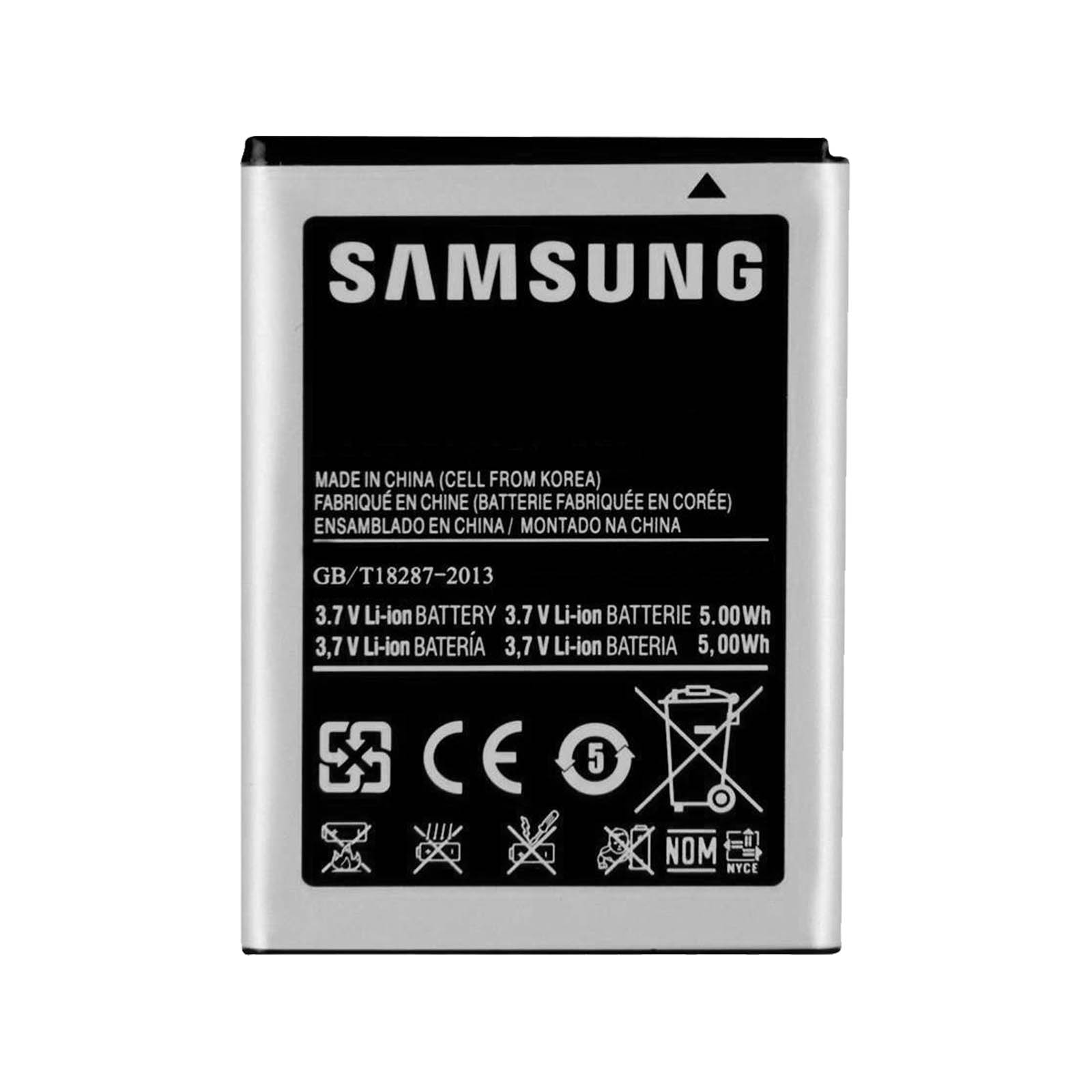 Una batería de teléfono Samsung, fondo blanco, con texto y símbolos de seguridad.