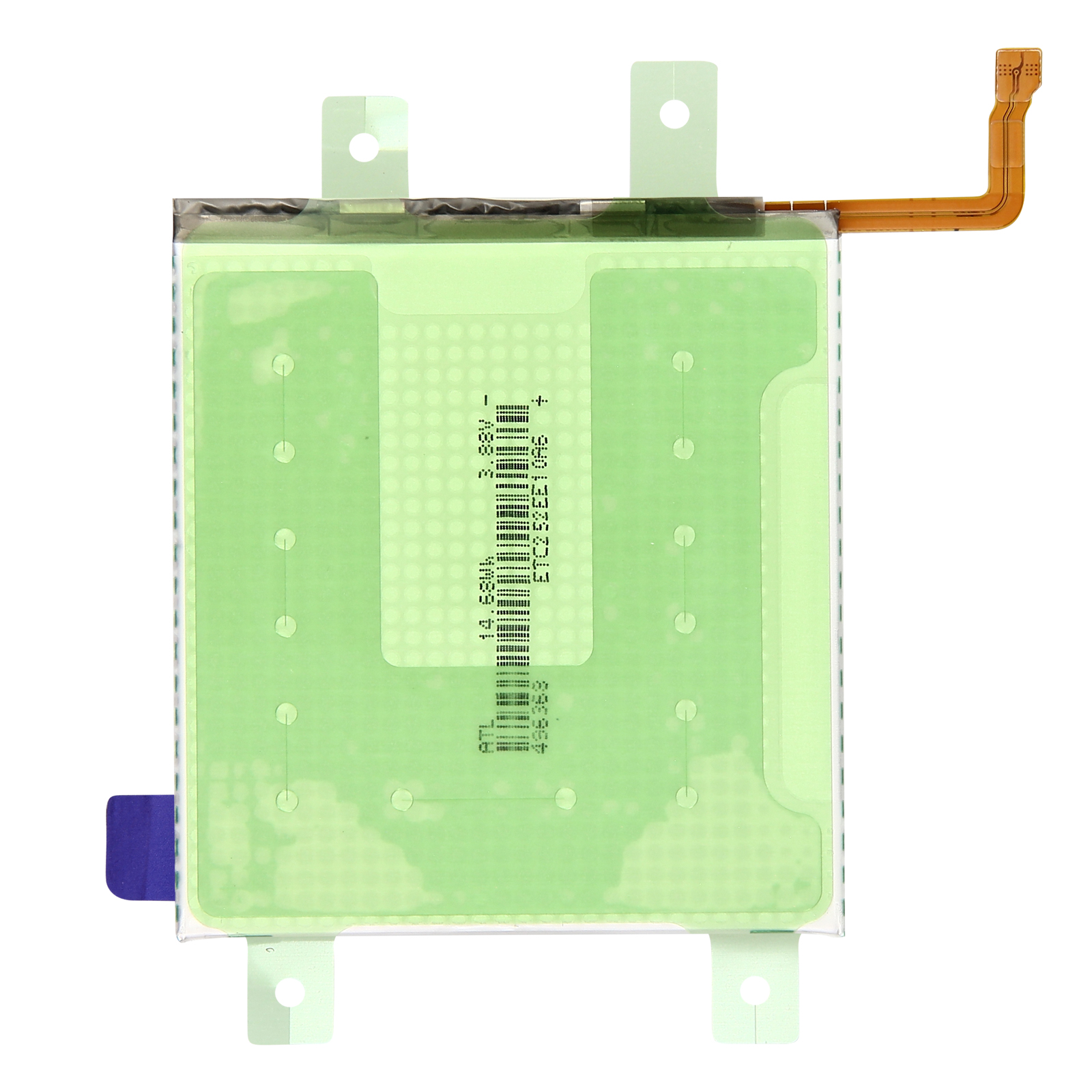 Ein Handy-Akku, grün, mit mehreren Etiketten und einem Stecker. Weißer Hintergrund.