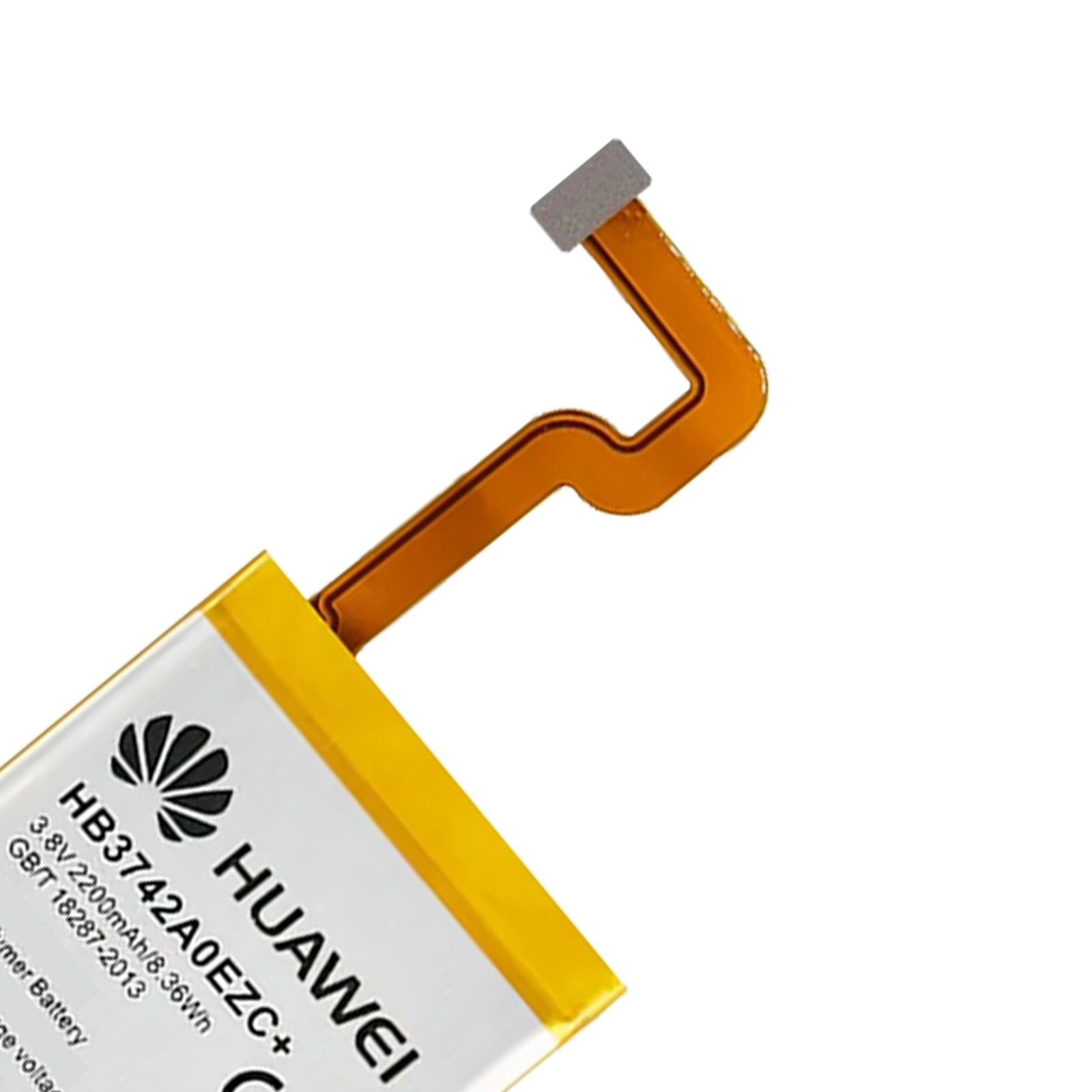 Batería de teléfono Huawei con conector, amarilla y negra con fondo blanco.