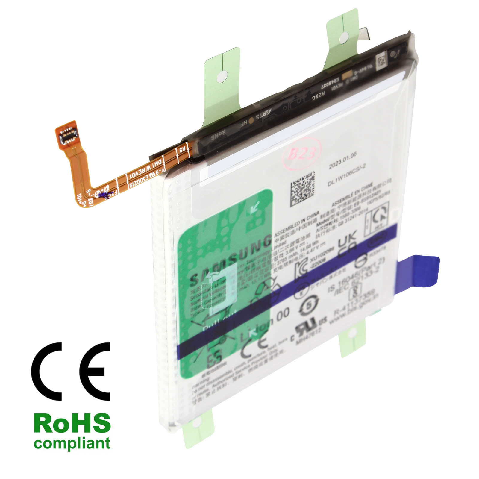 Ein Samsung-Telefon-Akku mit einem Flexkabel und mehreren Etiketten, mit CE- und RoHS-konformen Logos.