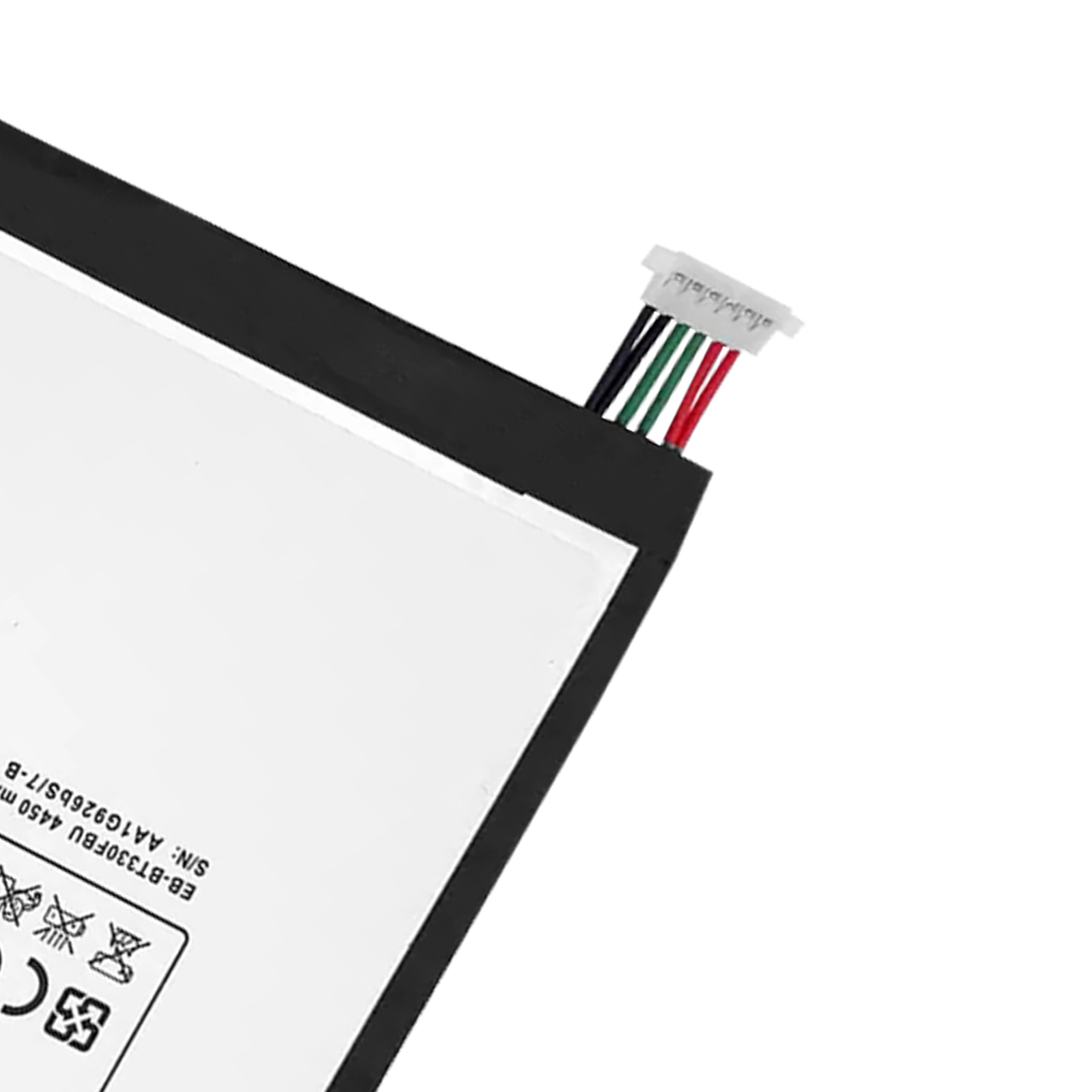 Componente de batería de teléfono con cables y conectores. Fondo blanco y detalles.