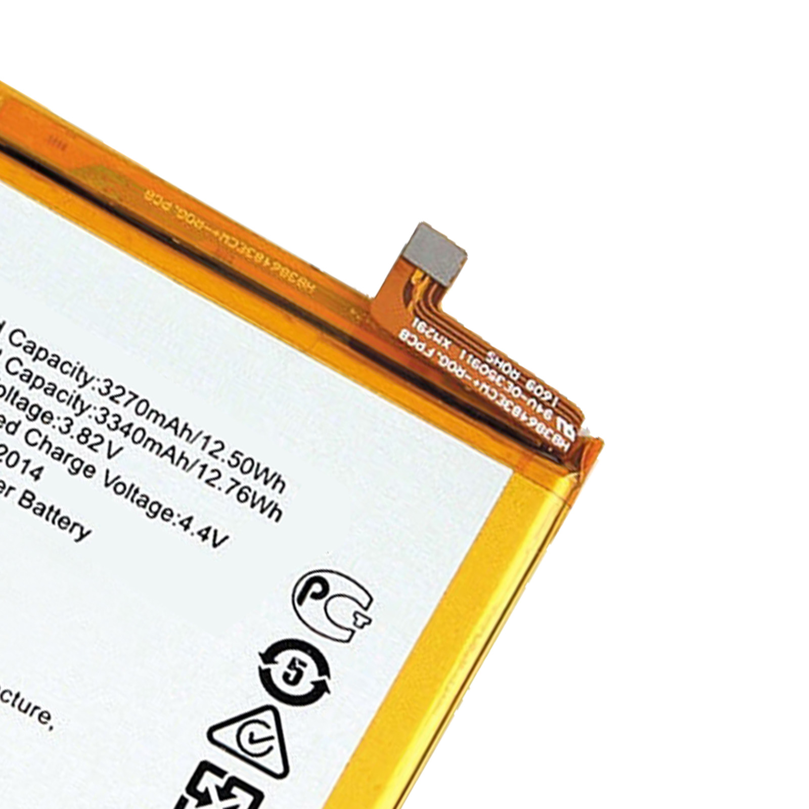 Una batería de teléfono con texto. La batería es amarilla y tiene algunos logotipos.